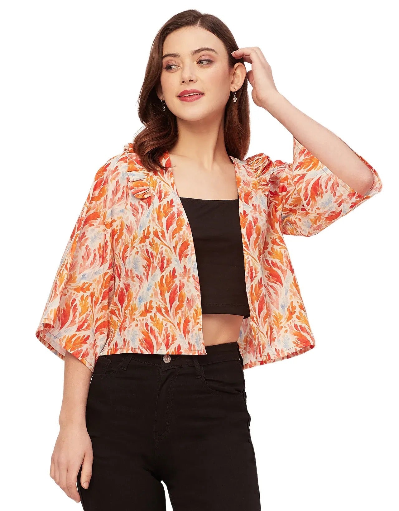 V Neck Straight Printed Cotton Jacket