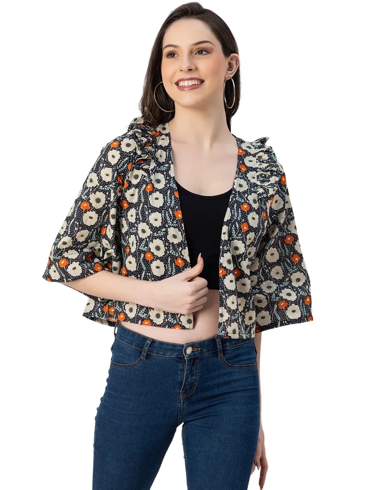 V Neck Straight Printed Cotton Jacket