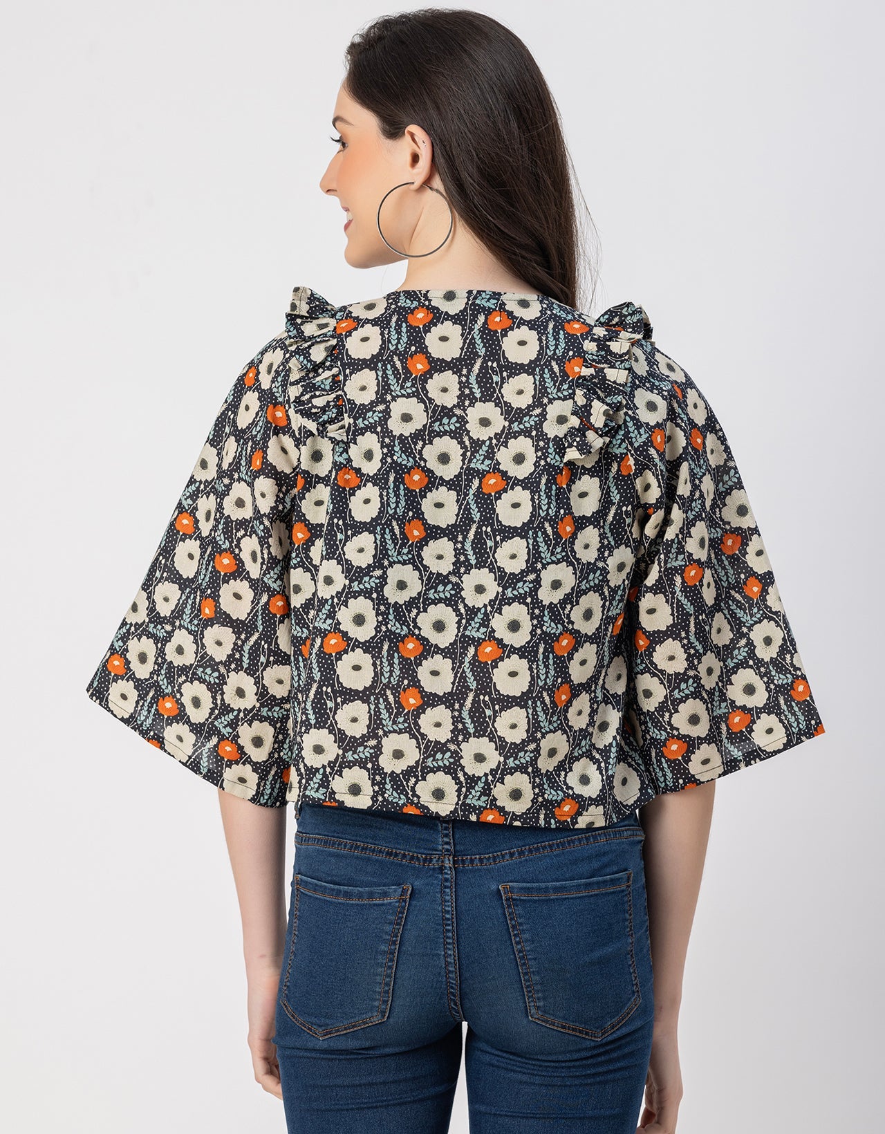 V Neck Straight Printed Cotton Jacket