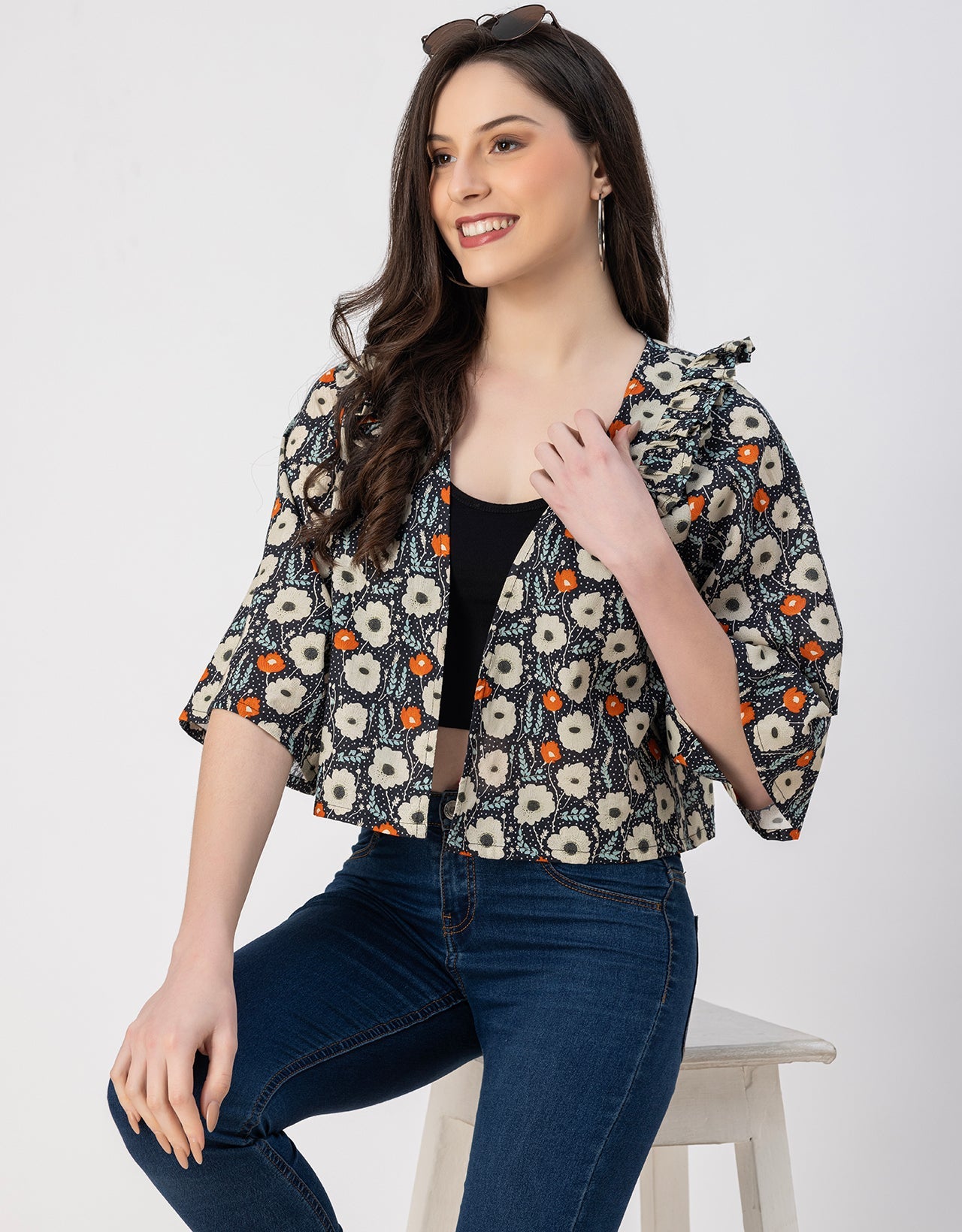 V Neck Straight Printed Cotton Jacket