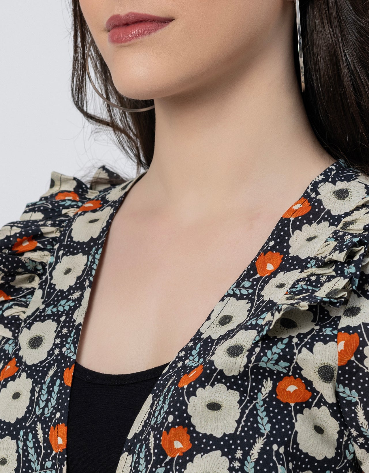 V Neck Straight Printed Cotton Jacket