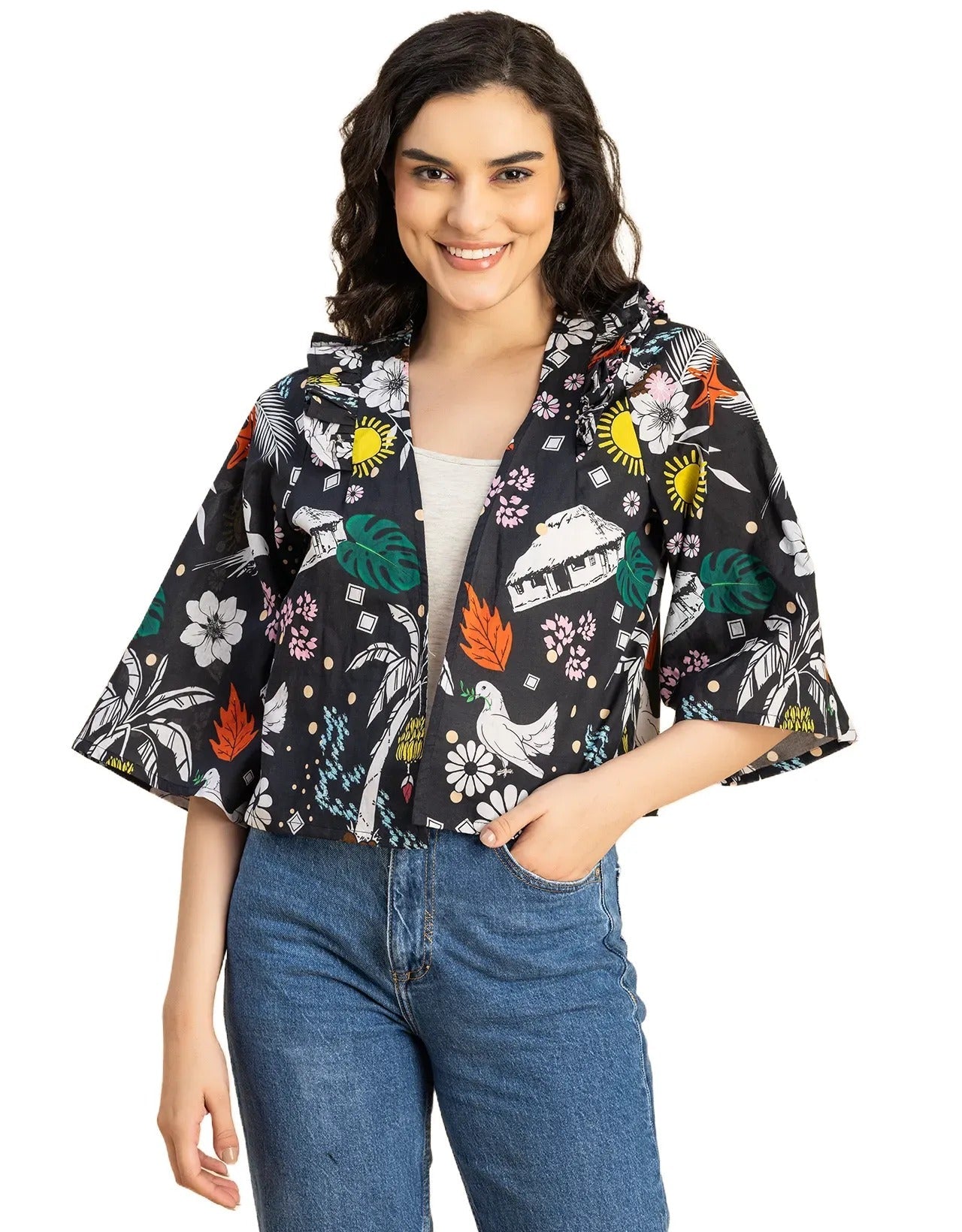V Neck Straight Printed Cotton Jacket