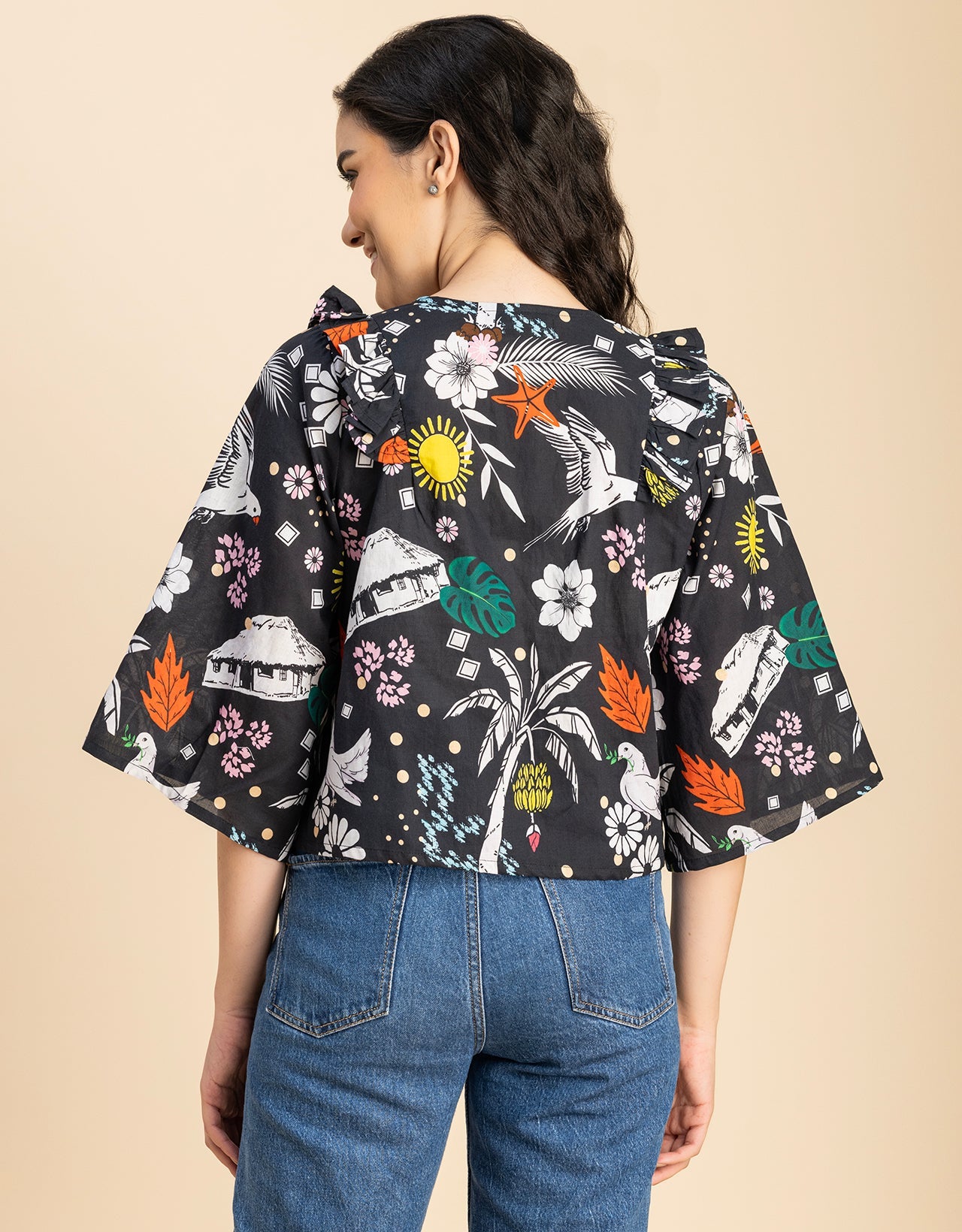 V Neck Straight Printed Cotton Jacket