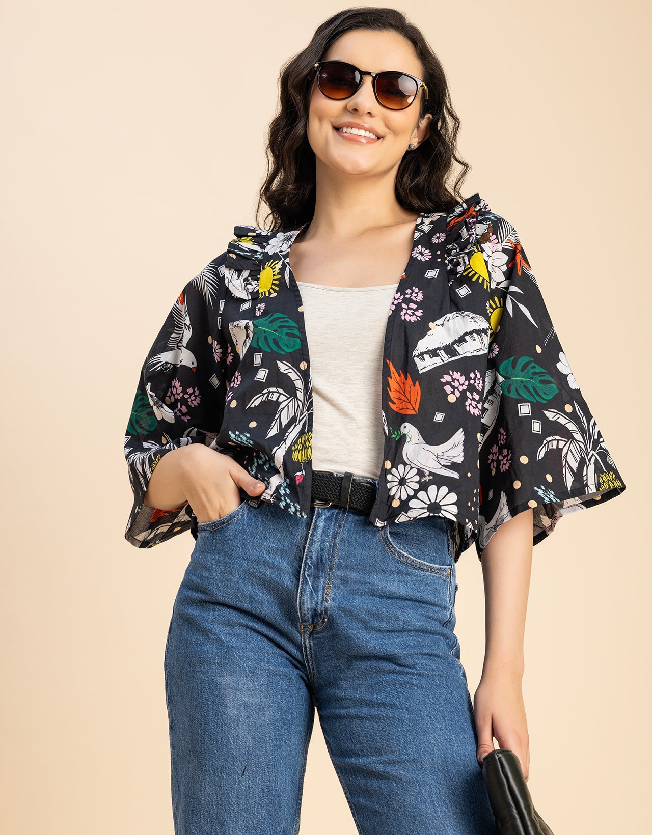 V Neck Straight Printed Cotton Jacket