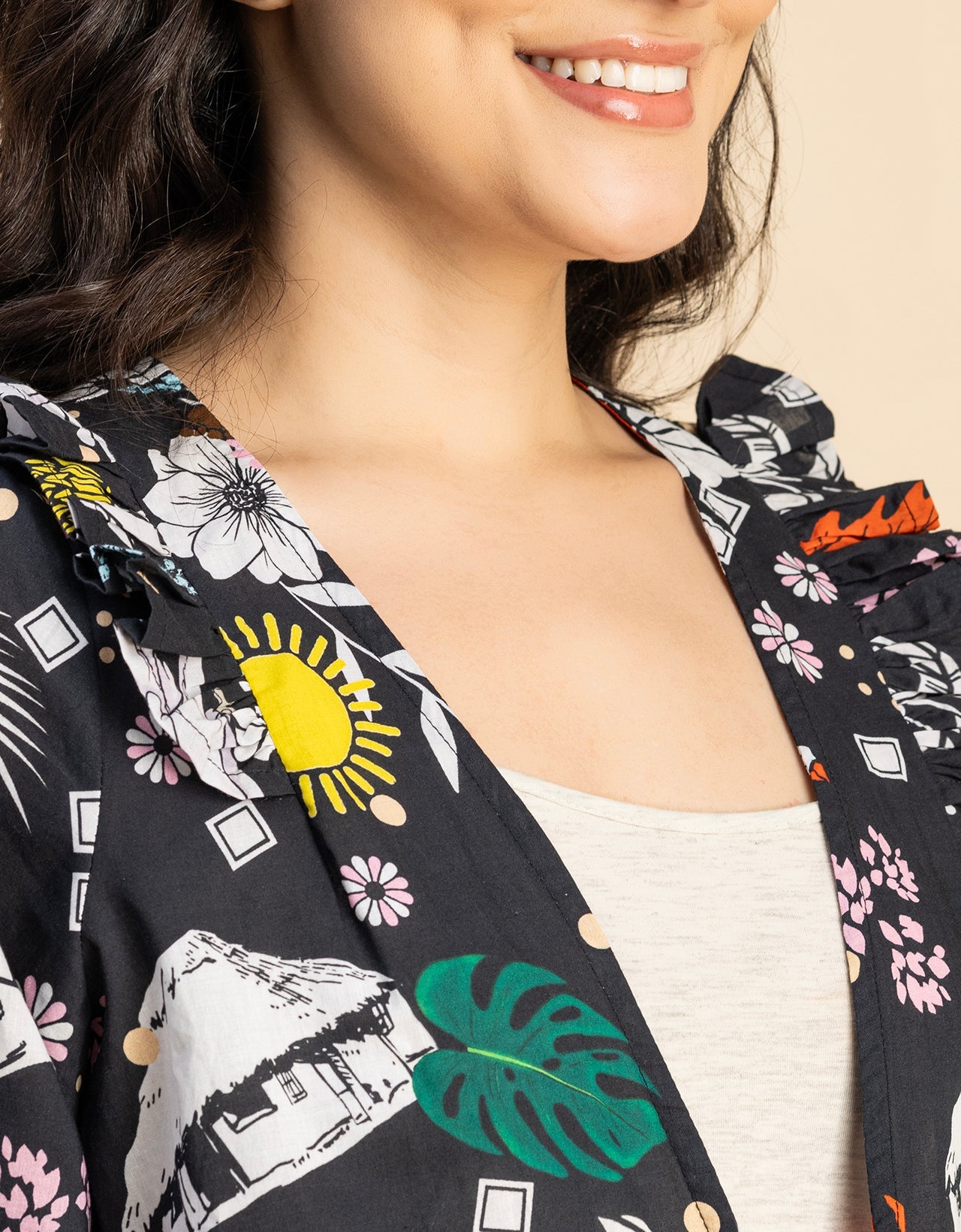 V Neck Straight Printed Cotton Jacket