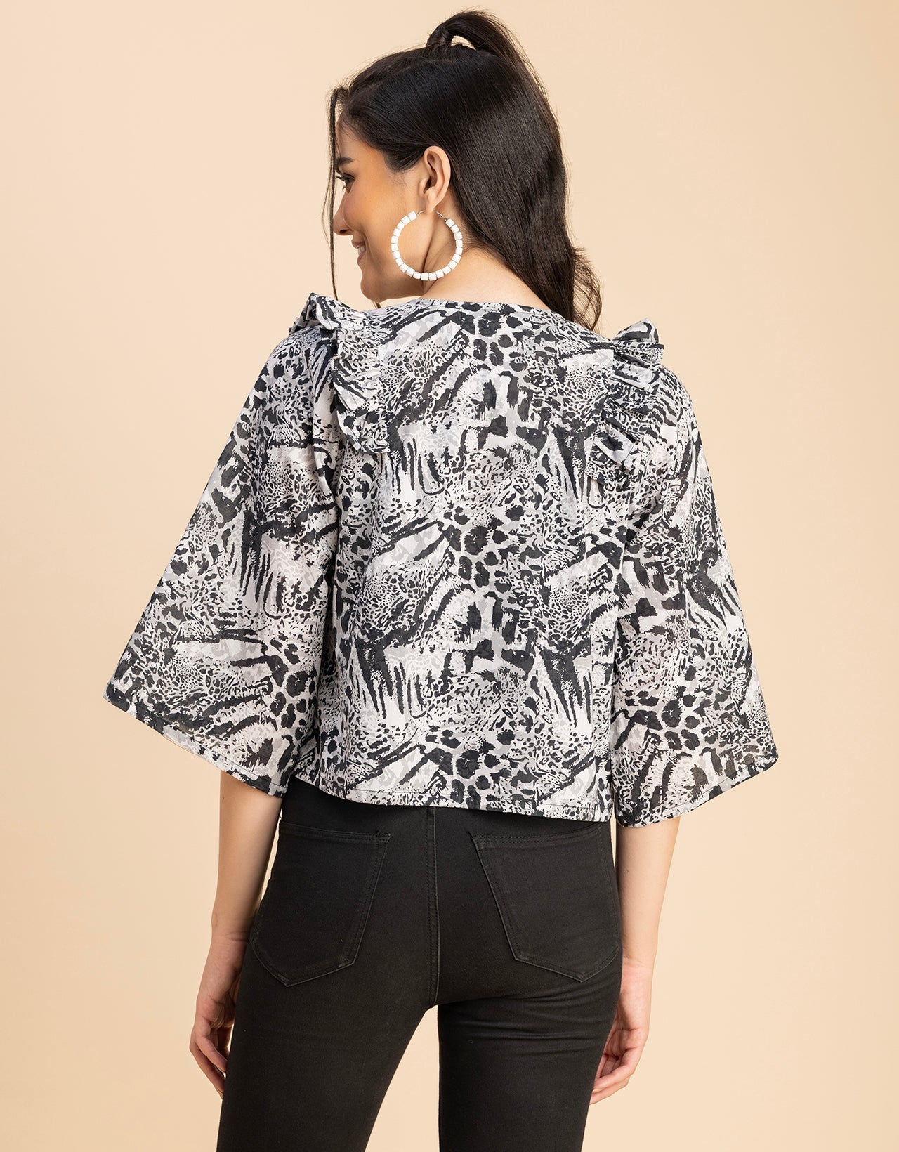 V Neck Straight Printed Cotton Jacket