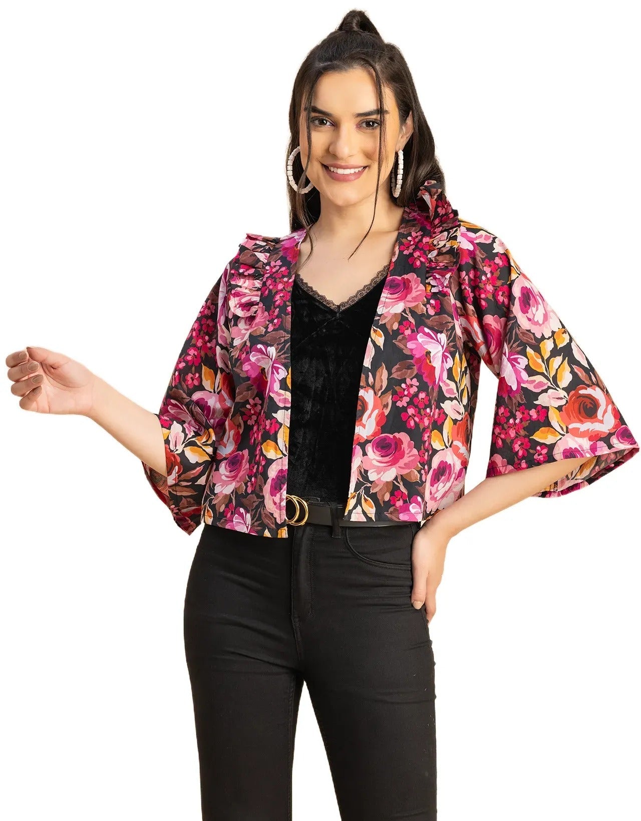 V Neck Straight Printed Cotton Jacket