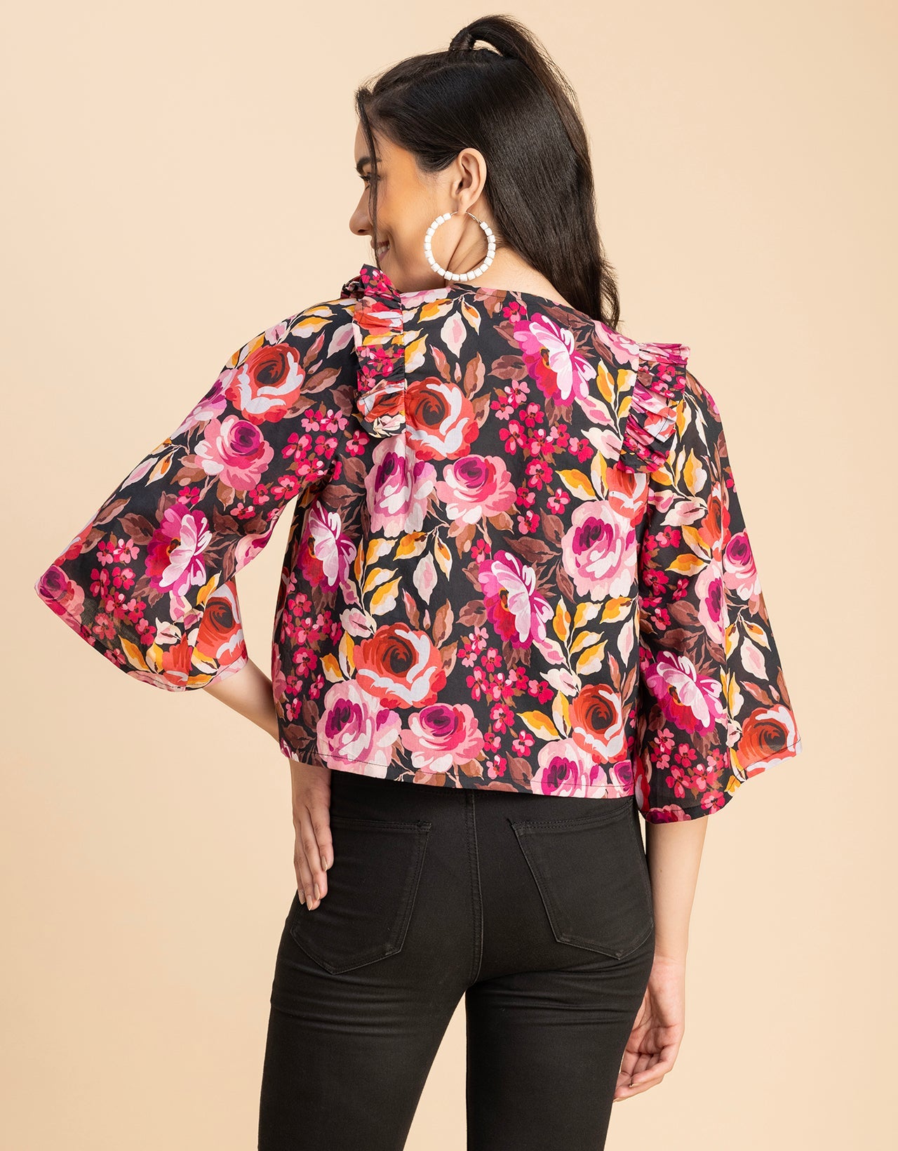 V Neck Straight Printed Cotton Jacket