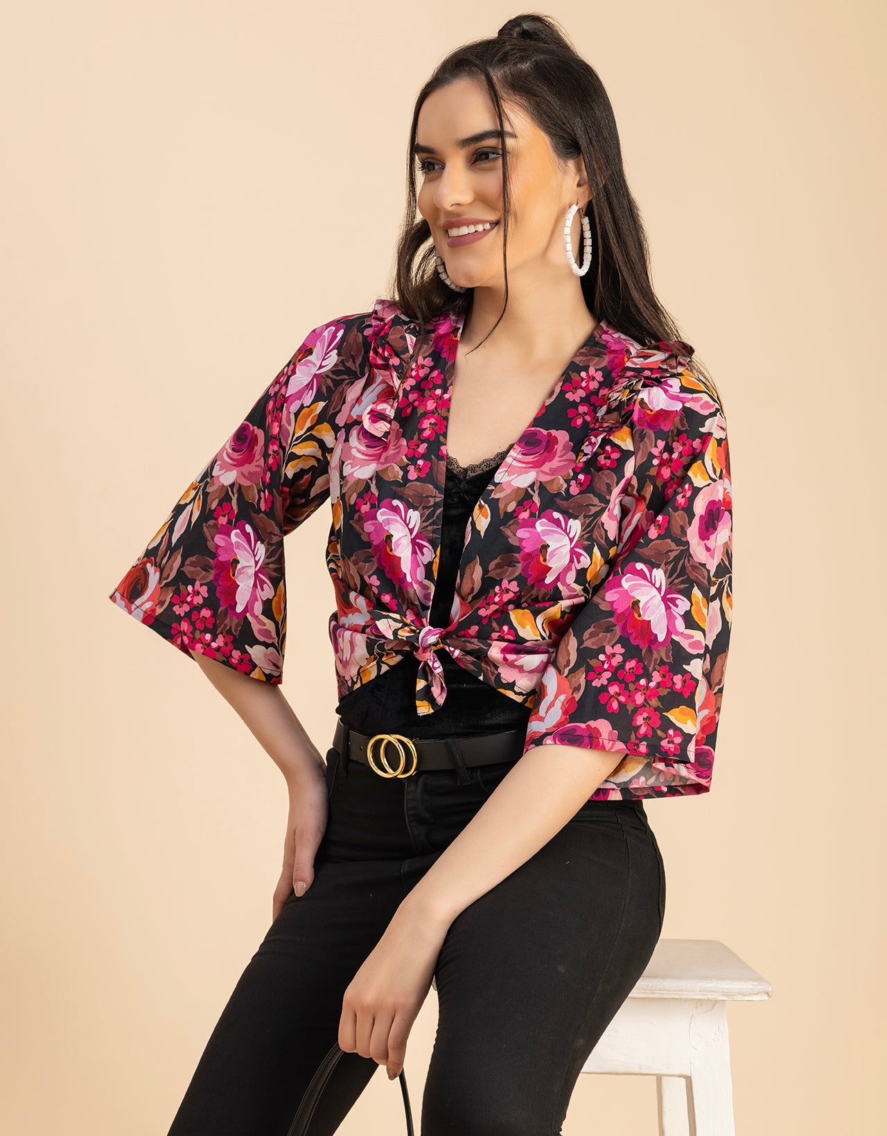 V Neck Straight Printed Cotton Jacket