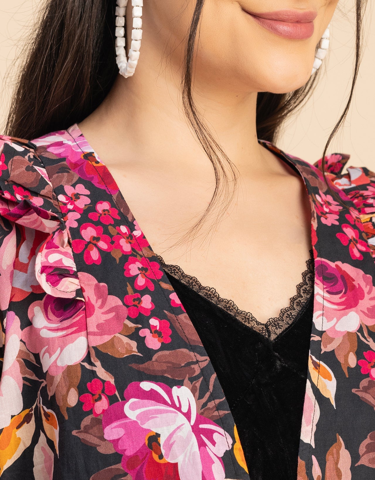 V Neck Straight Printed Cotton Jacket