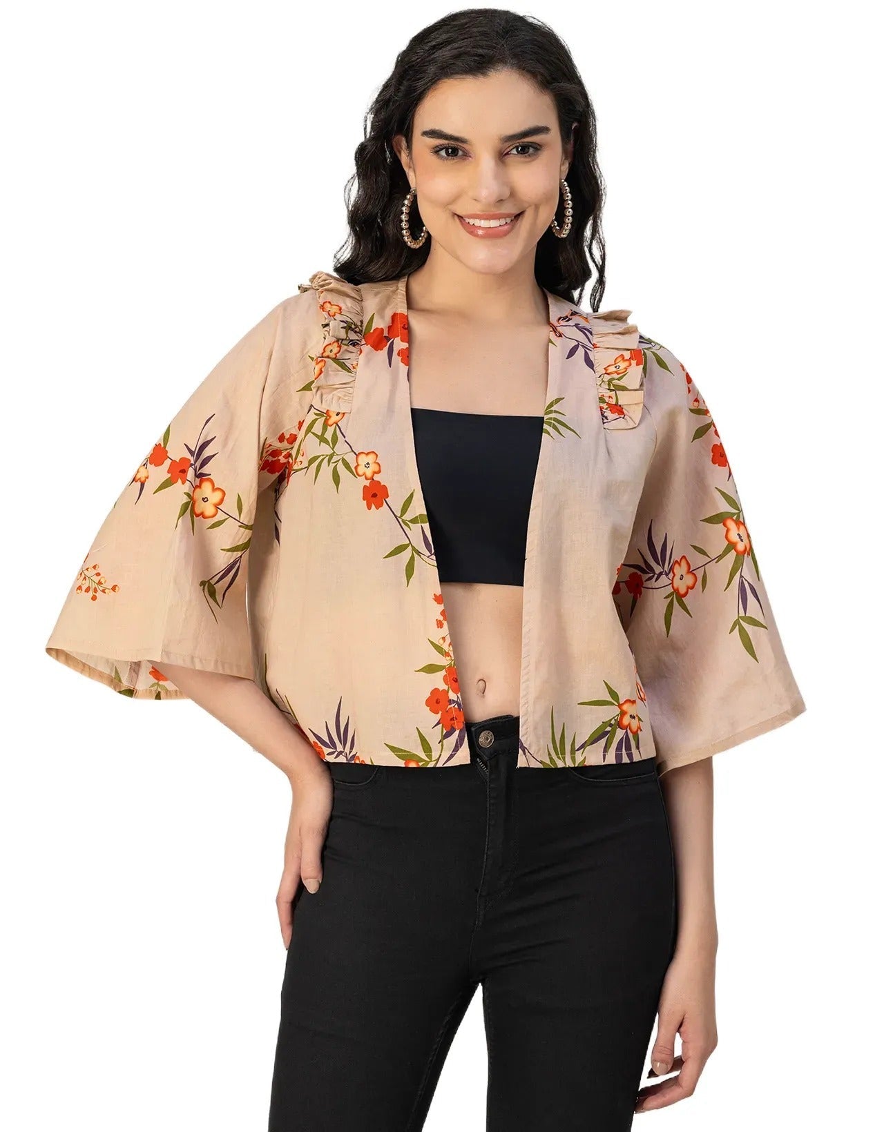 V Neck Straight Printed Cotton Jacket