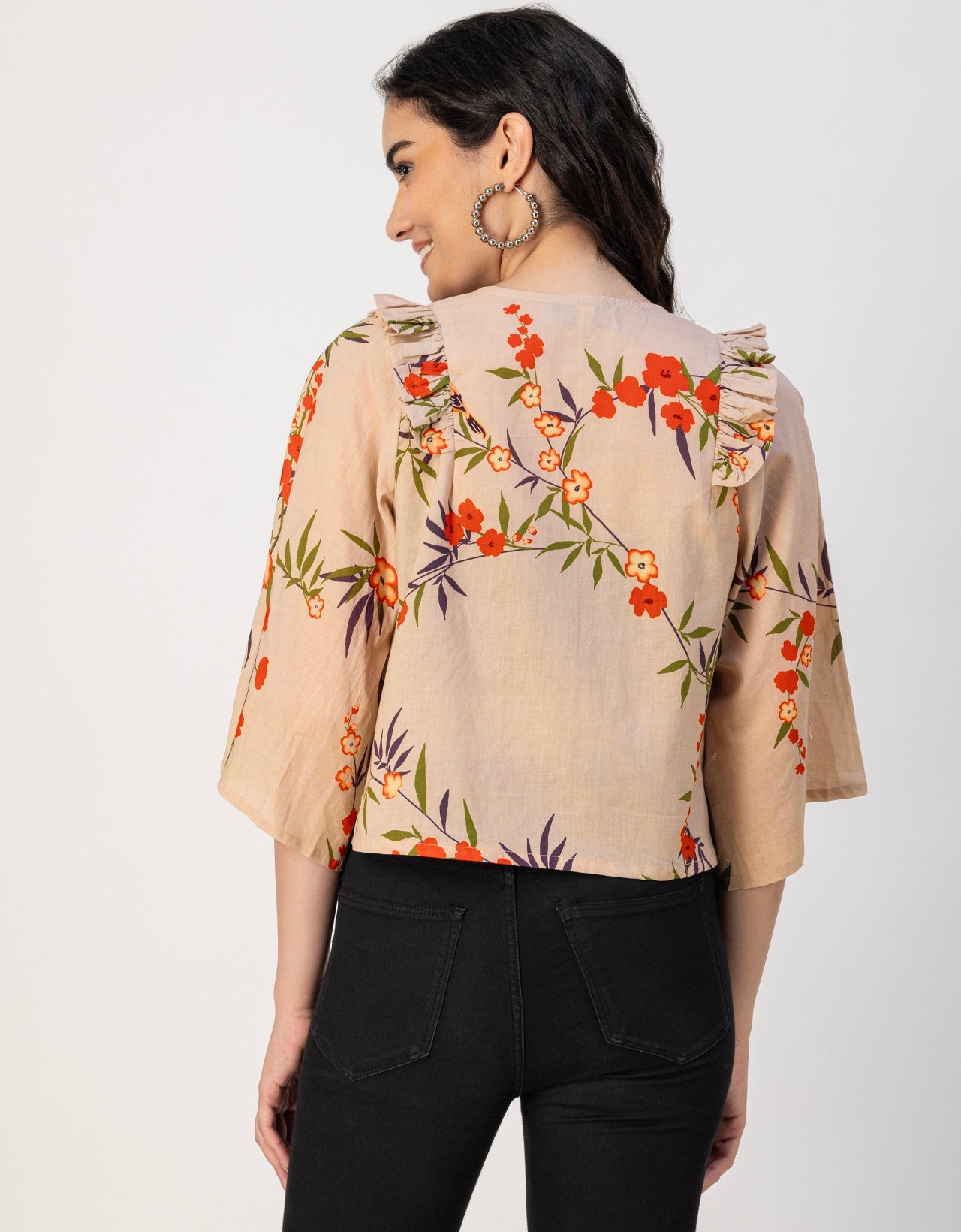 V Neck Straight Printed Cotton Jacket