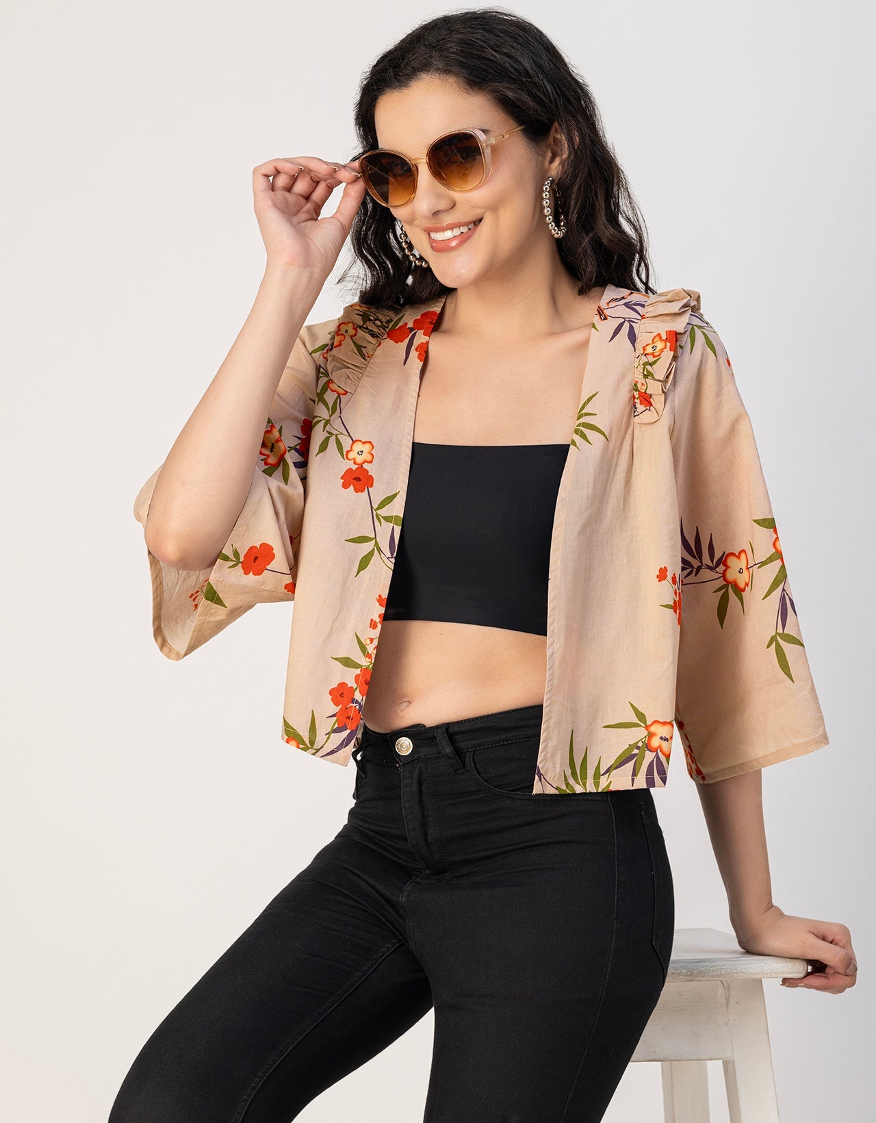 V Neck Straight Printed Cotton Jacket
