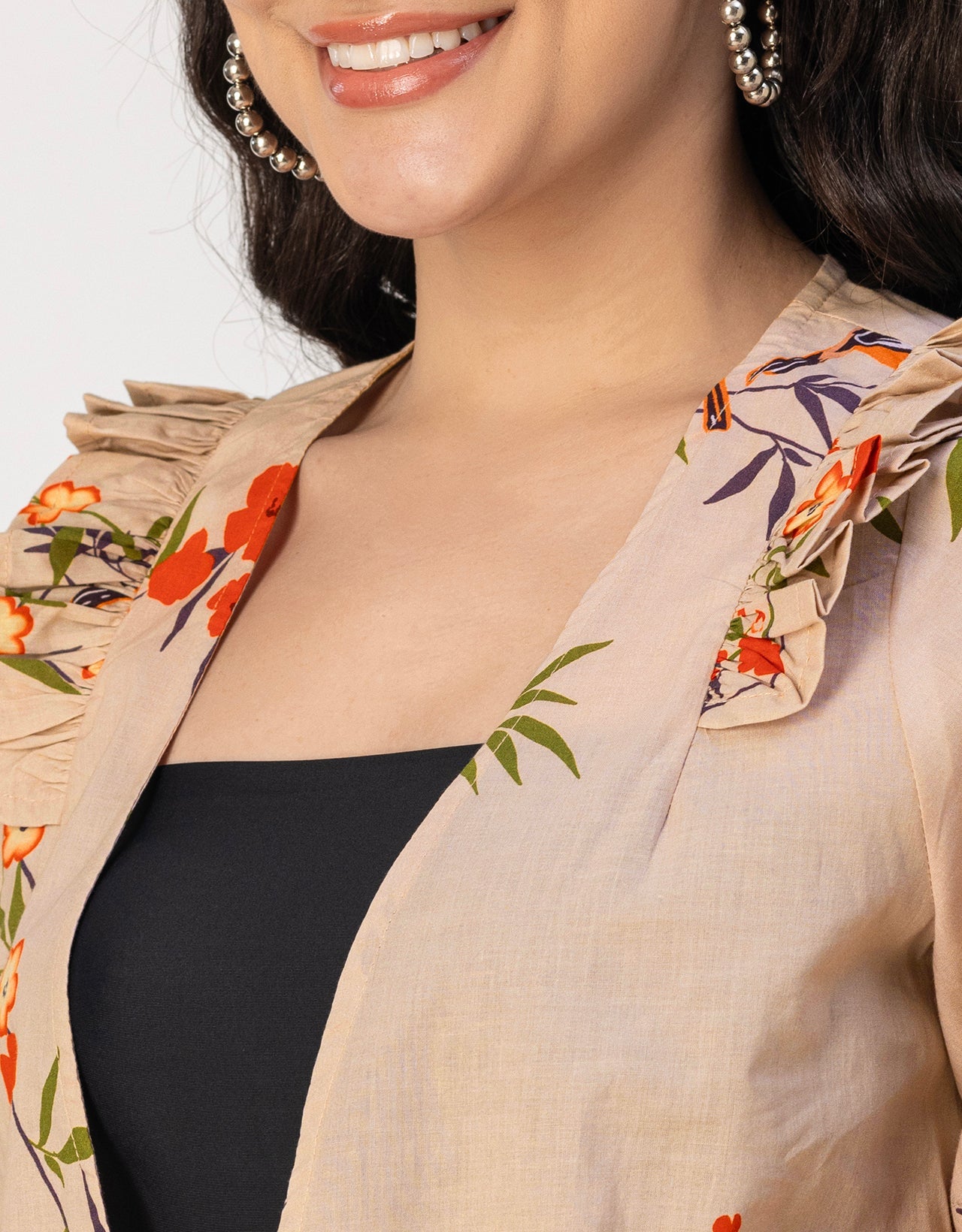 V Neck Straight Printed Cotton Jacket