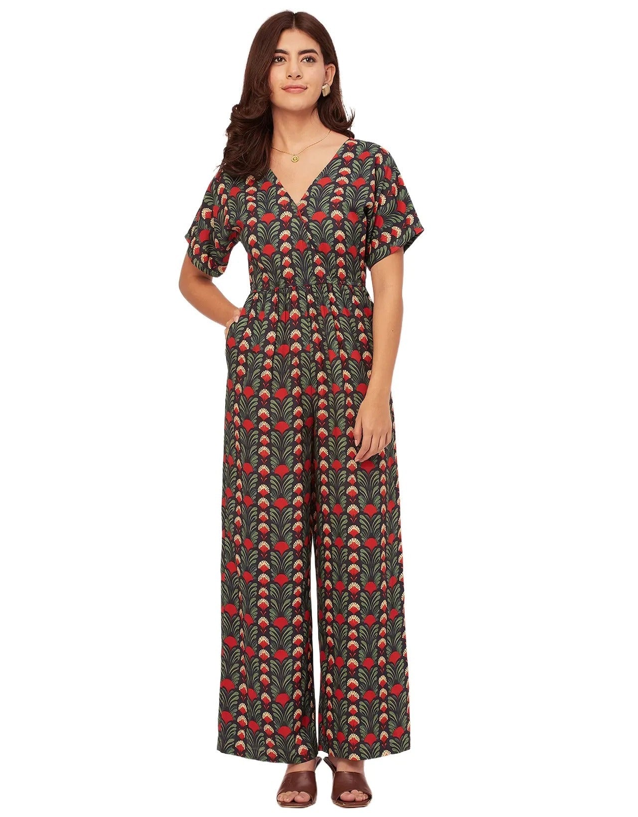 Short Sleeve Full Leg Printed Rayon Jumpsuit
