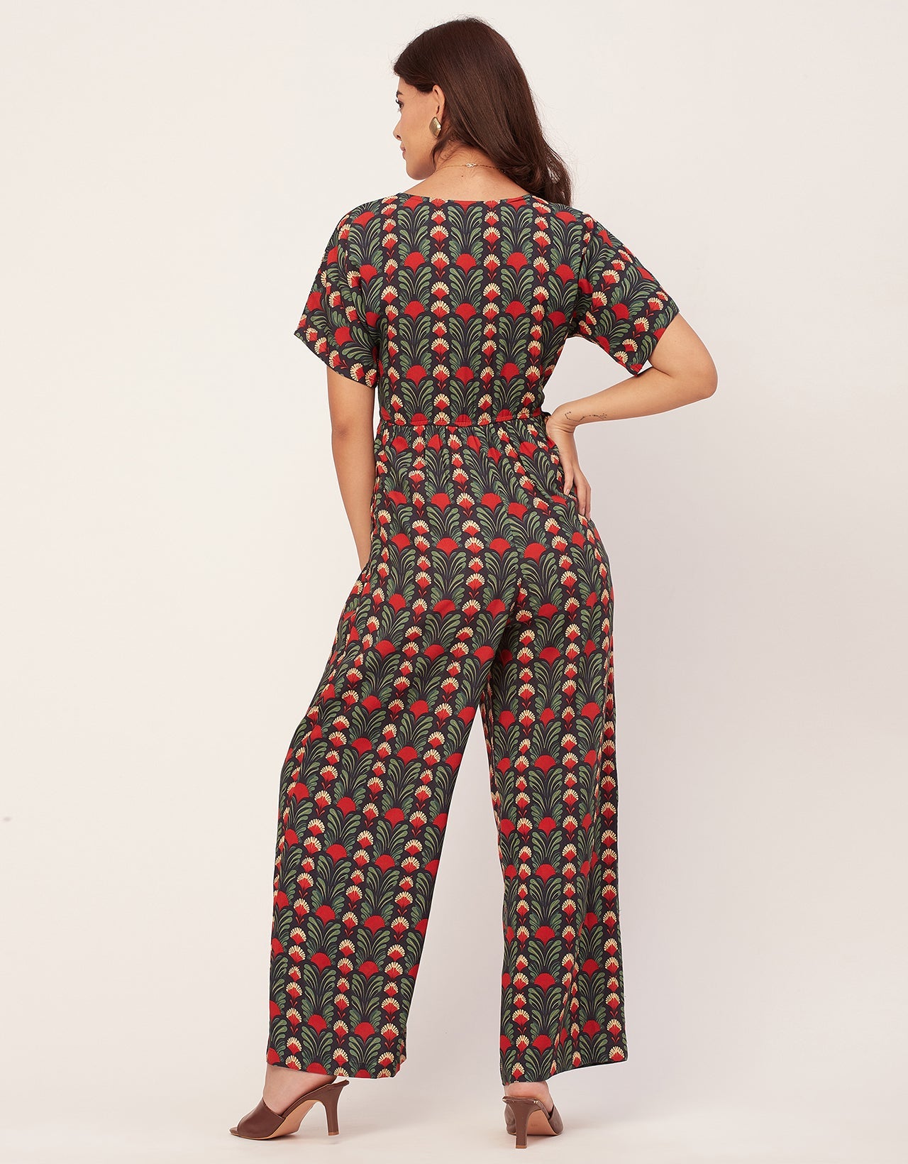 Short Sleeve Full Leg Printed Rayon Jumpsuit