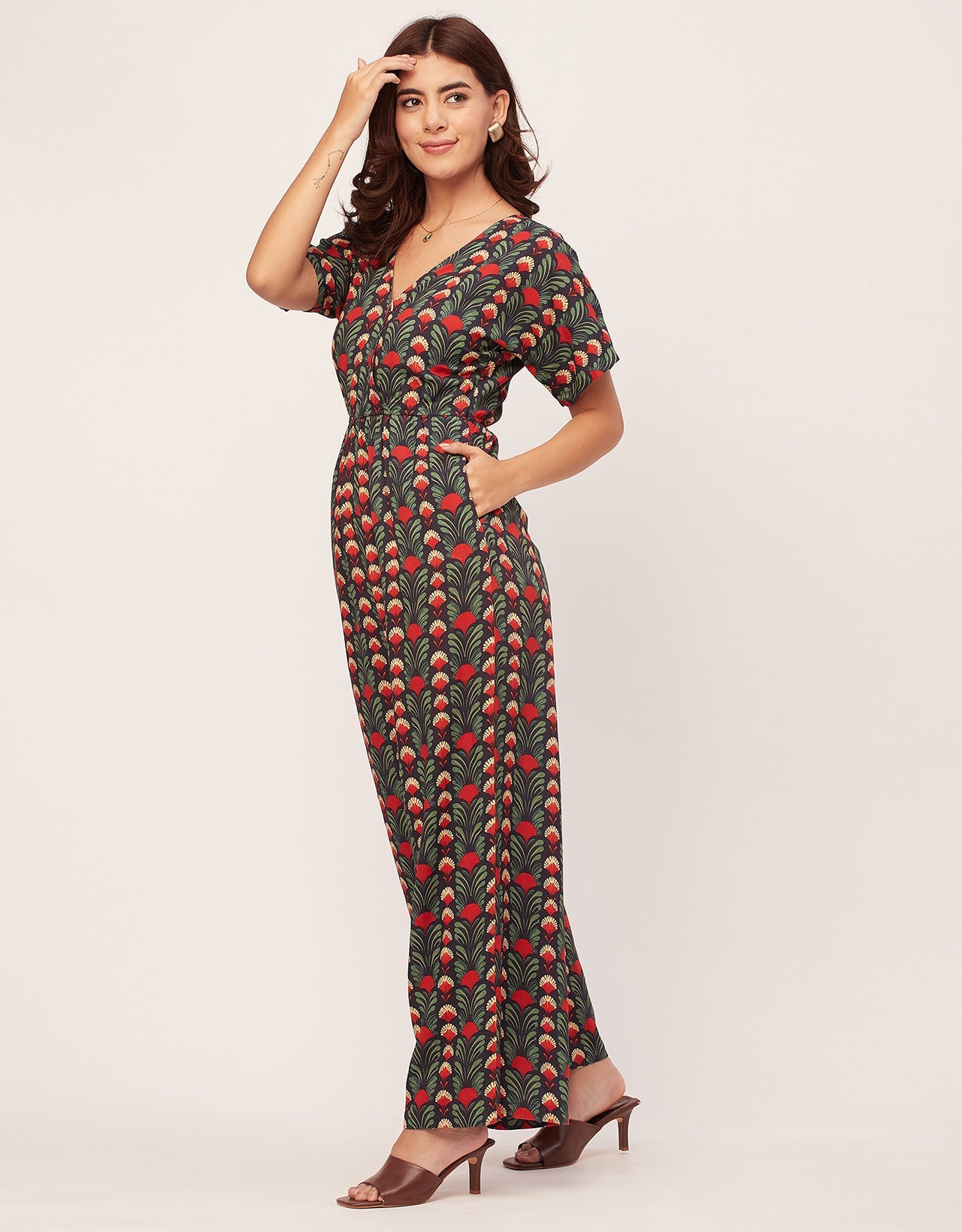 Short Sleeve Full Leg Printed Rayon Jumpsuit