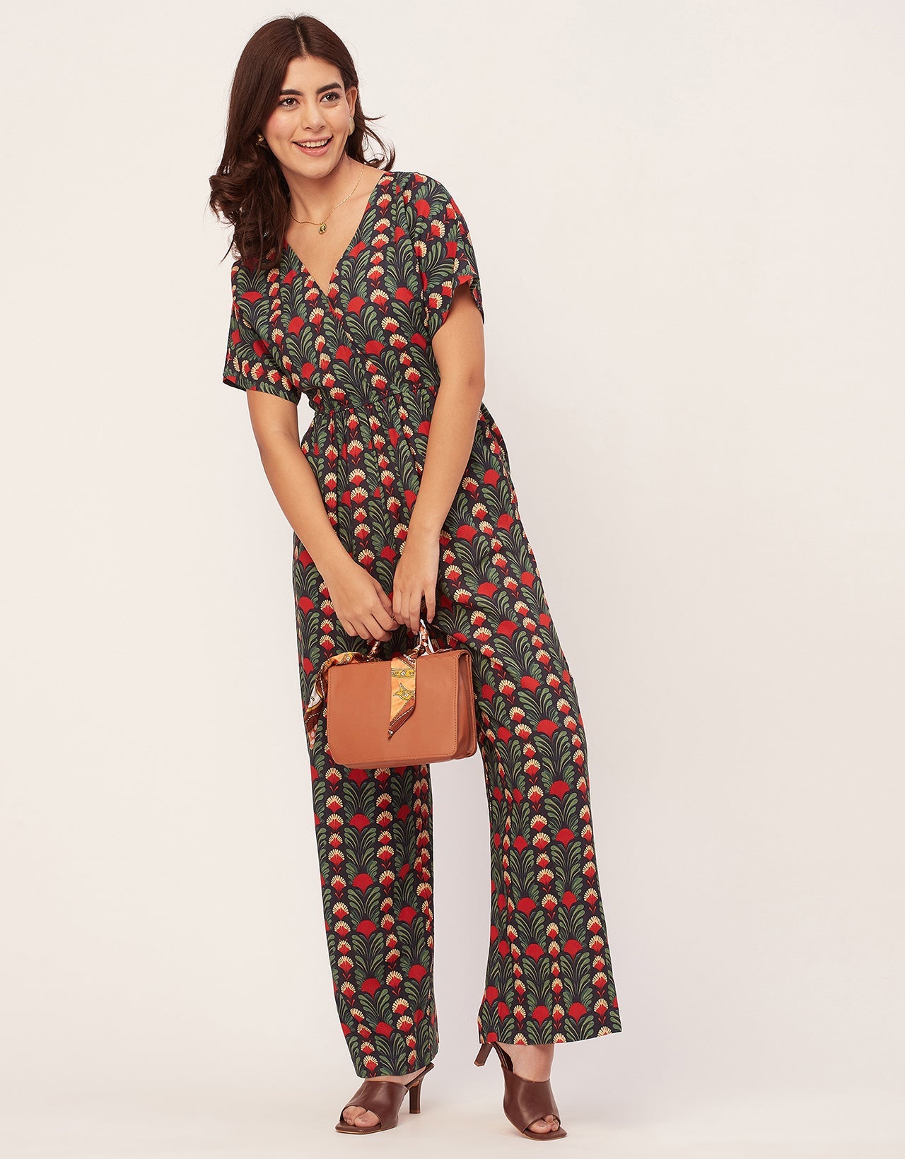 Short Sleeve Full Leg Printed Rayon Jumpsuit