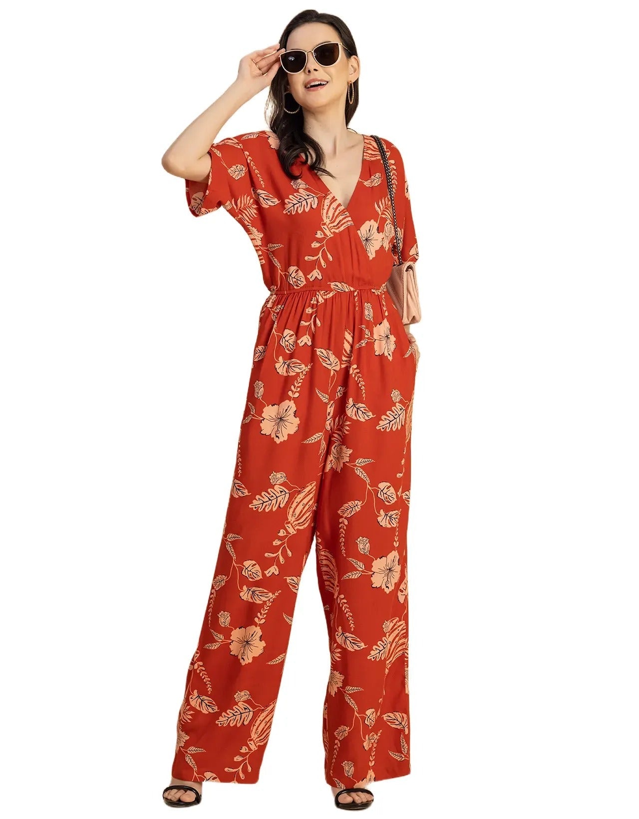 Short Sleeve Full Leg Printed Rayon Jumpsuit