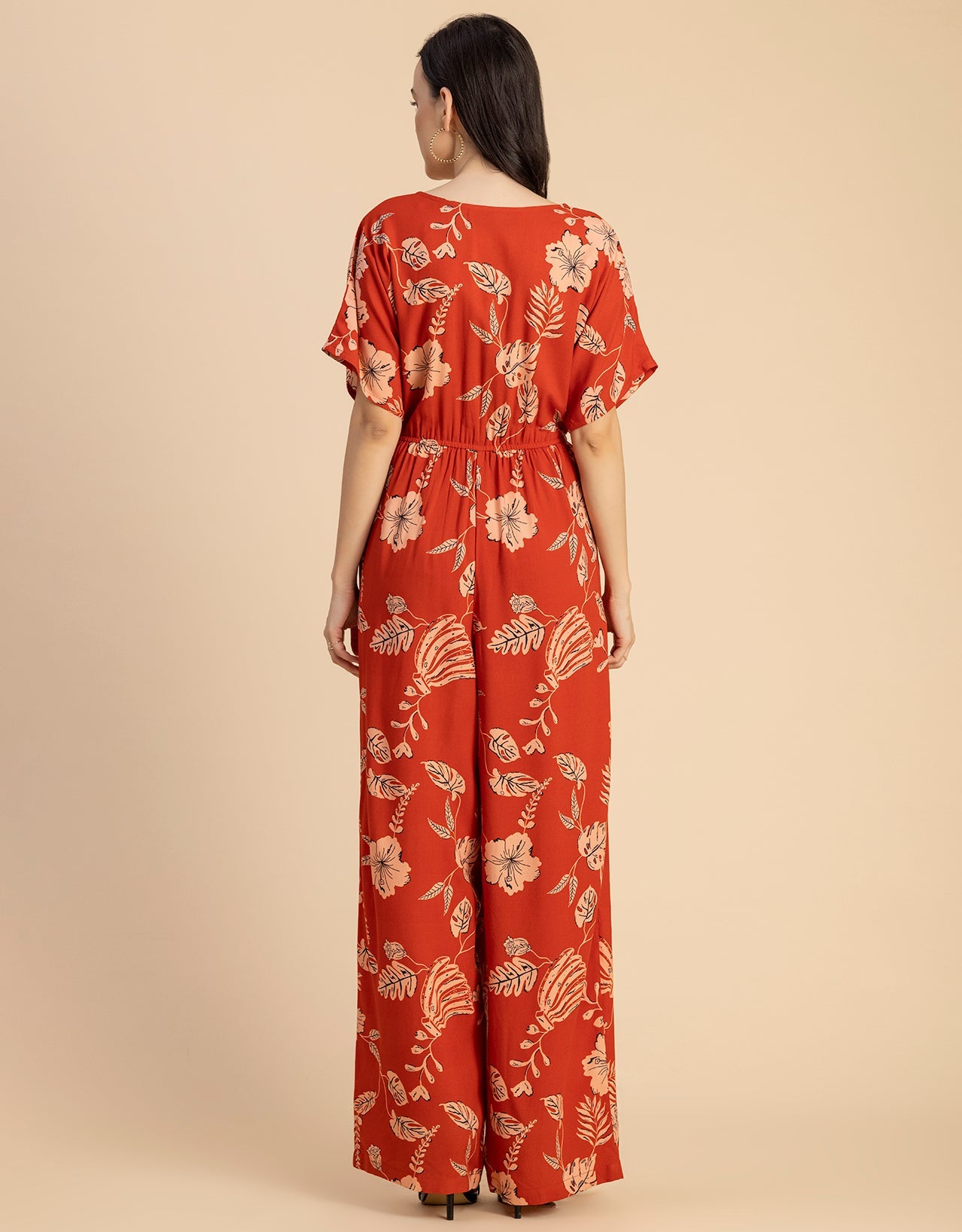 Short Sleeve Full Leg Printed Rayon Jumpsuit
