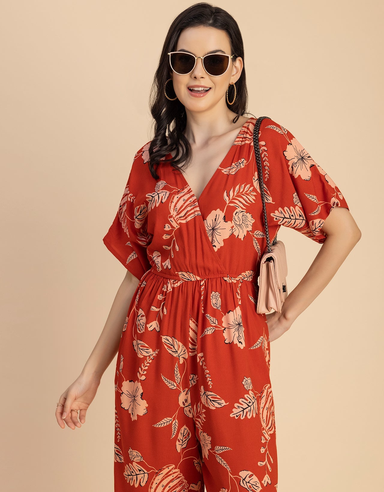 Short Sleeve Full Leg Printed Rayon Jumpsuit