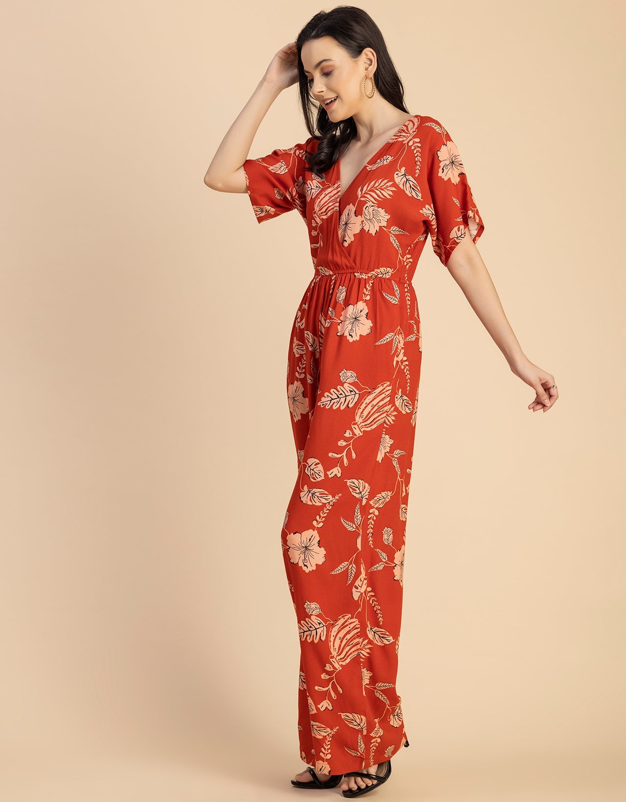 Short Sleeve Full Leg Printed Rayon Jumpsuit
