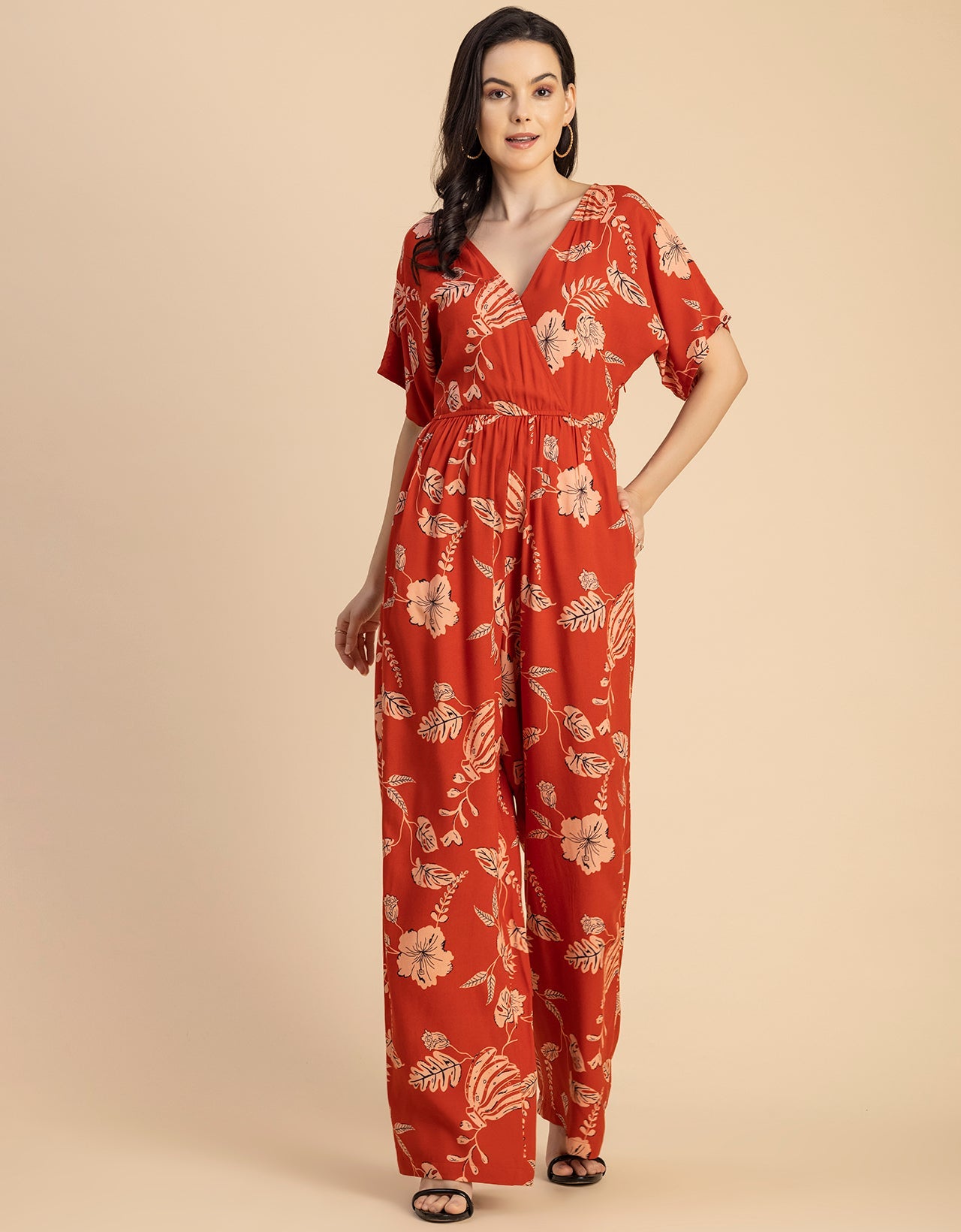 Short Sleeve Full Leg Printed Rayon Jumpsuit