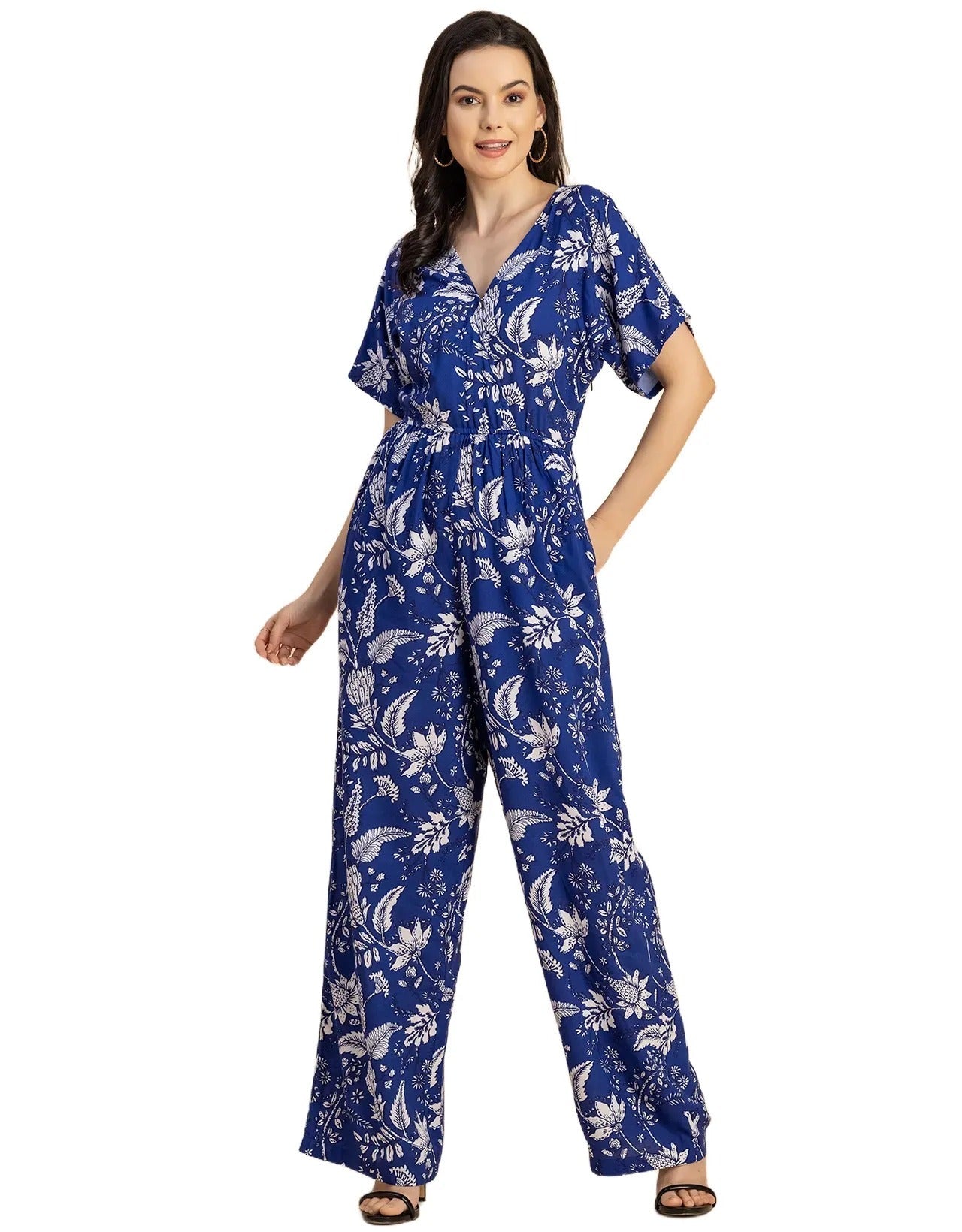 Short Sleeve Full Leg Printed Rayon Jumpsuit