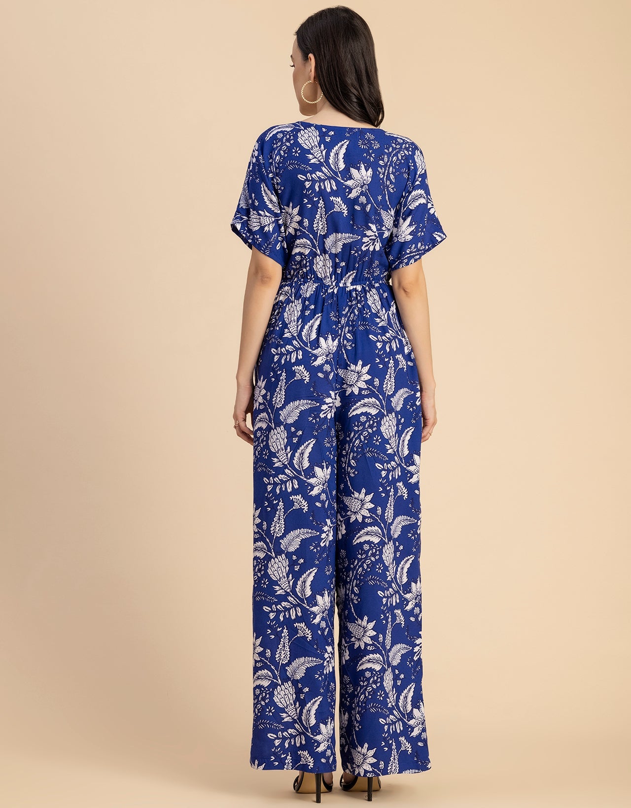 Short Sleeve Full Leg Printed Rayon Jumpsuit