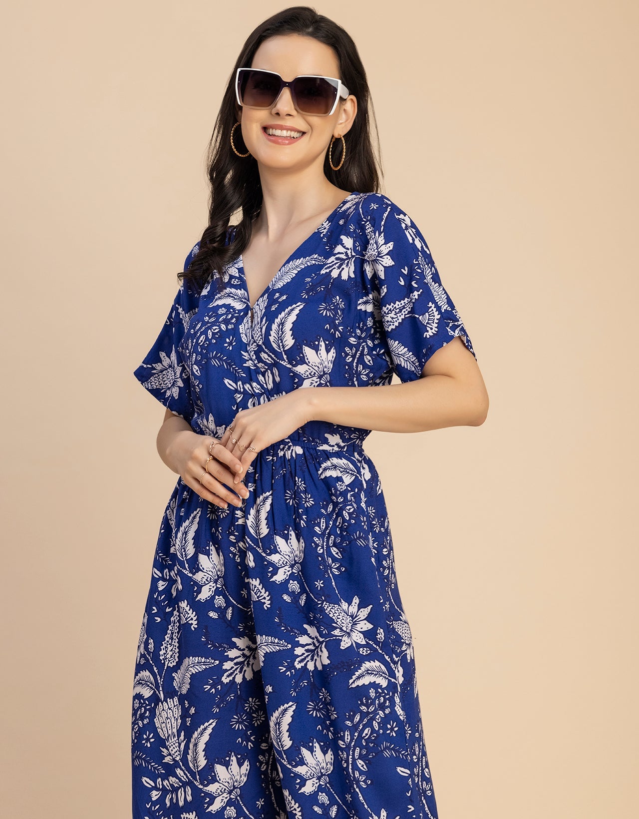 Short Sleeve Full Leg Printed Rayon Jumpsuit