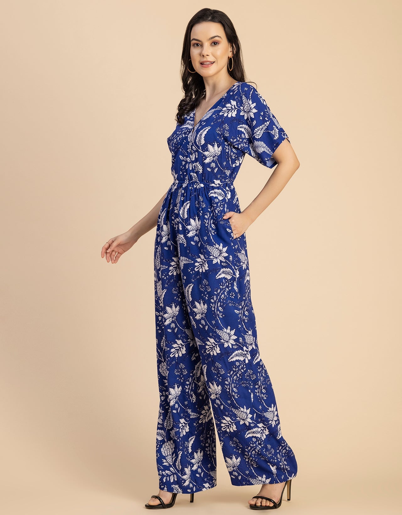 Short Sleeve Full Leg Printed Rayon Jumpsuit