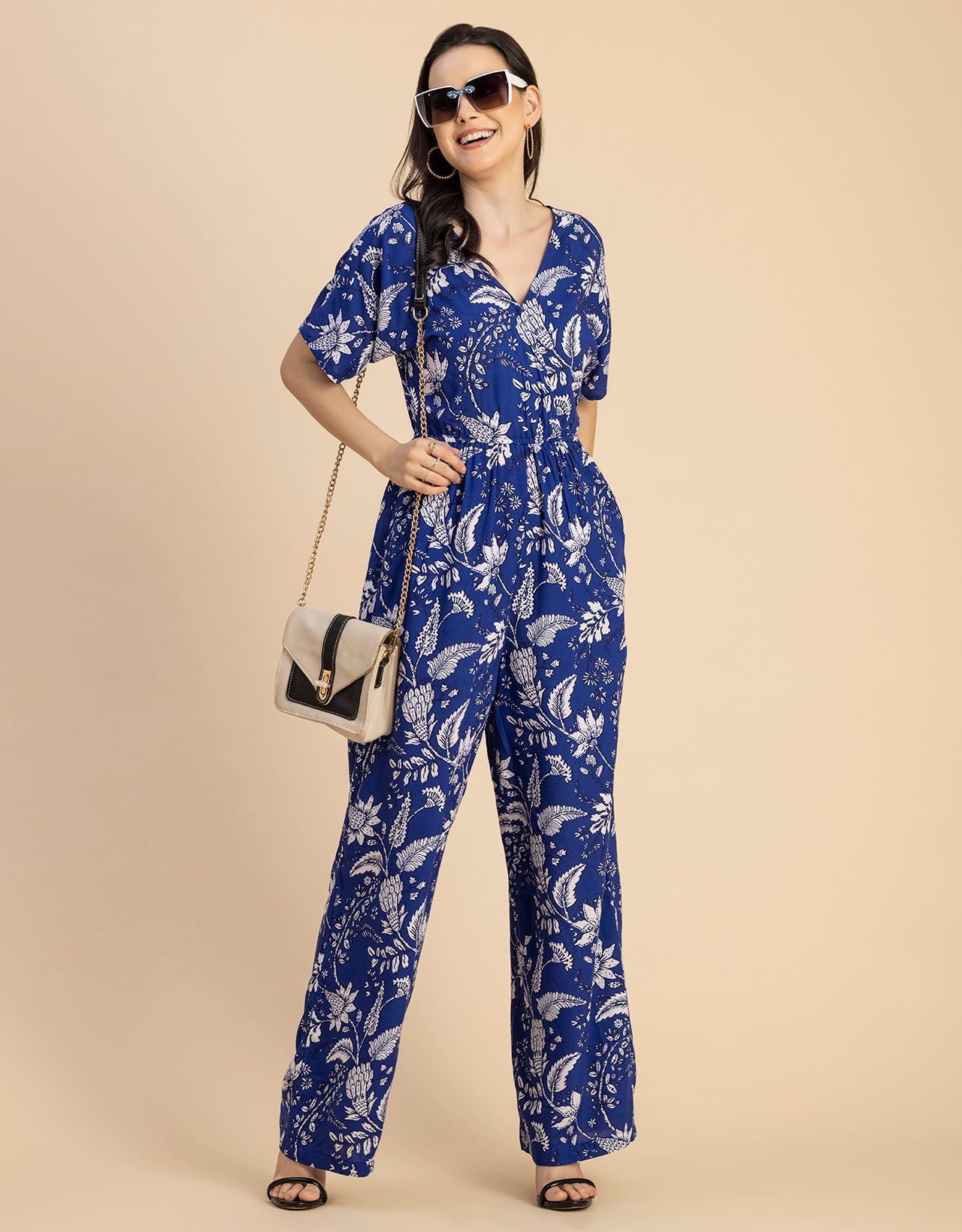 Short Sleeve Full Leg Printed Rayon Jumpsuit
