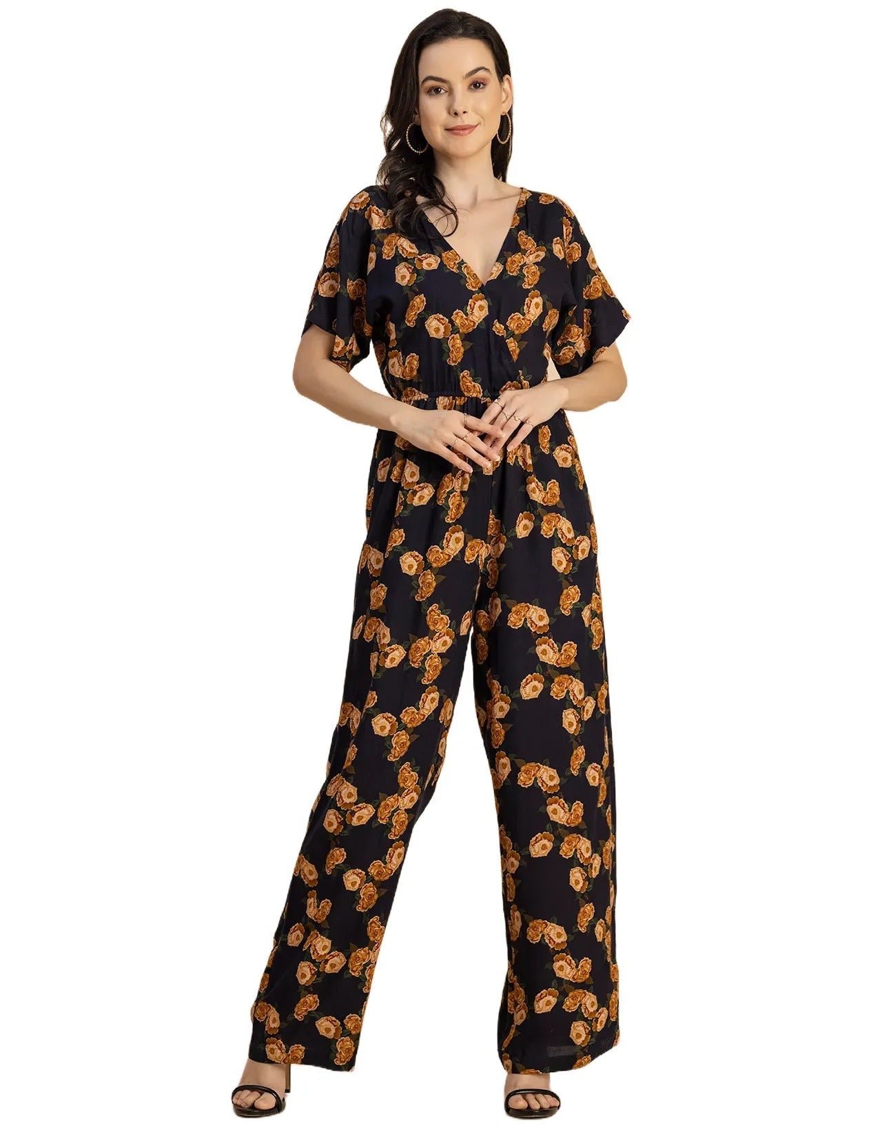 Short Sleeve Full Leg Printed Rayon Jumpsuit