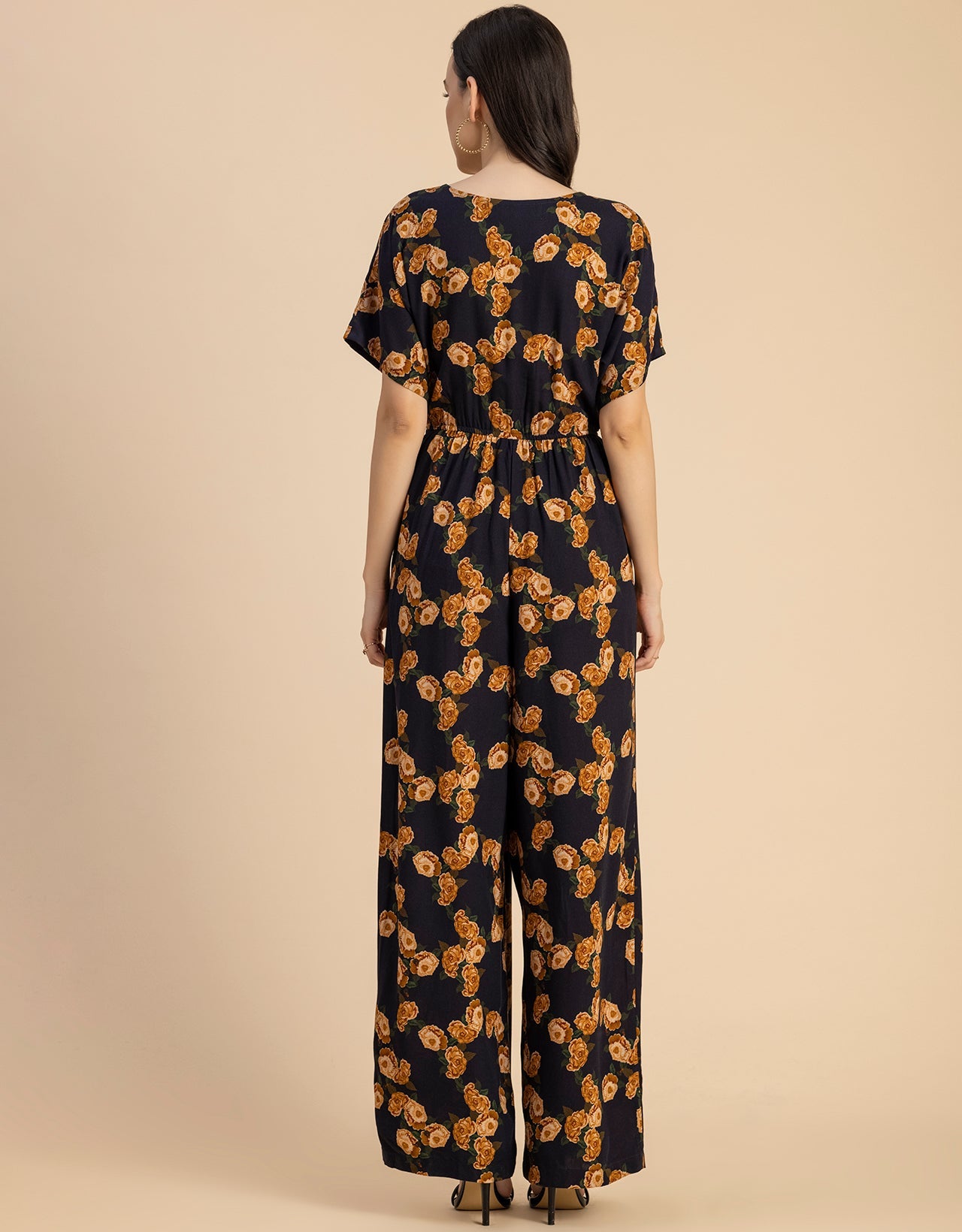 Short Sleeve Full Leg Printed Rayon Jumpsuit