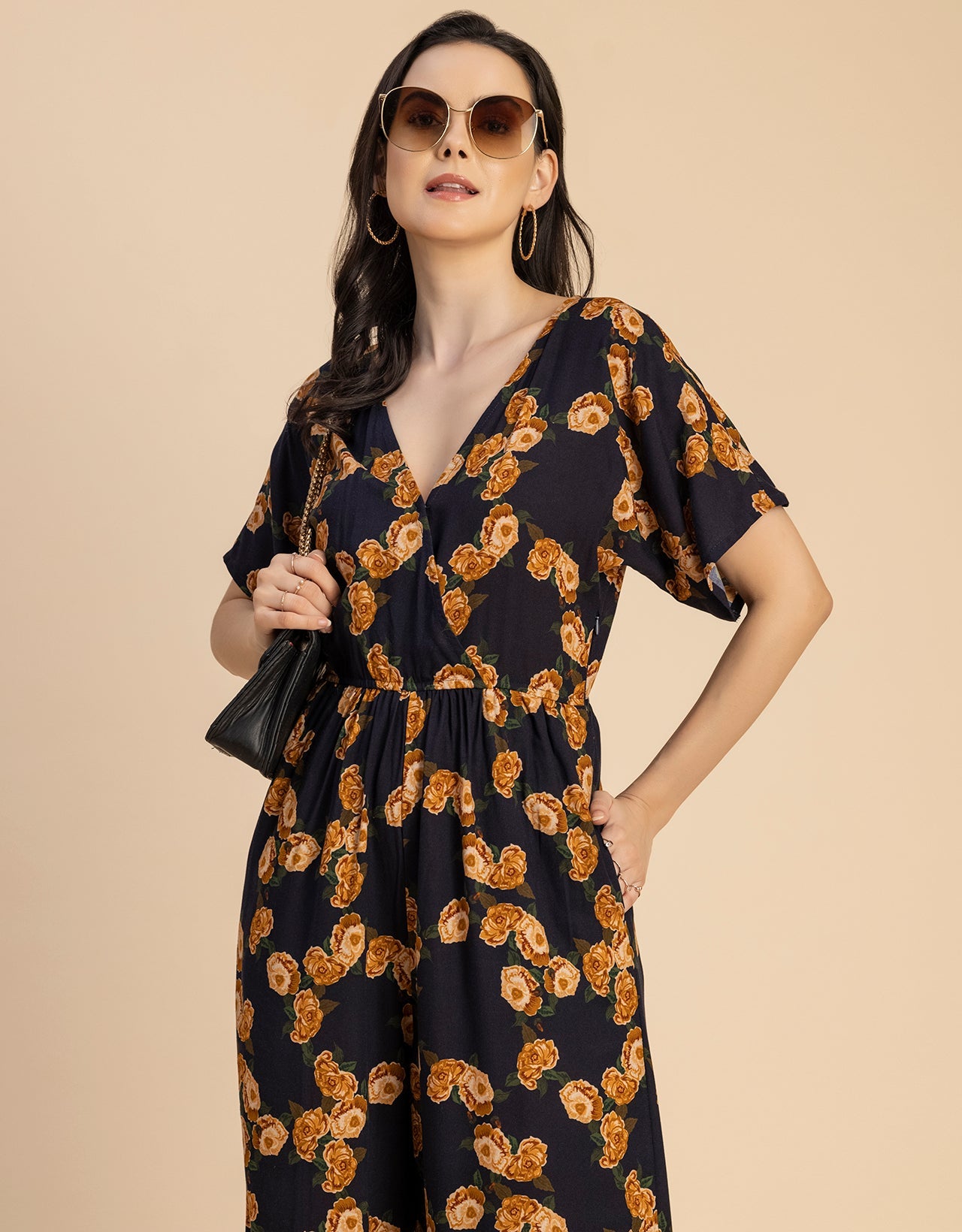 Short Sleeve Full Leg Printed Rayon Jumpsuit