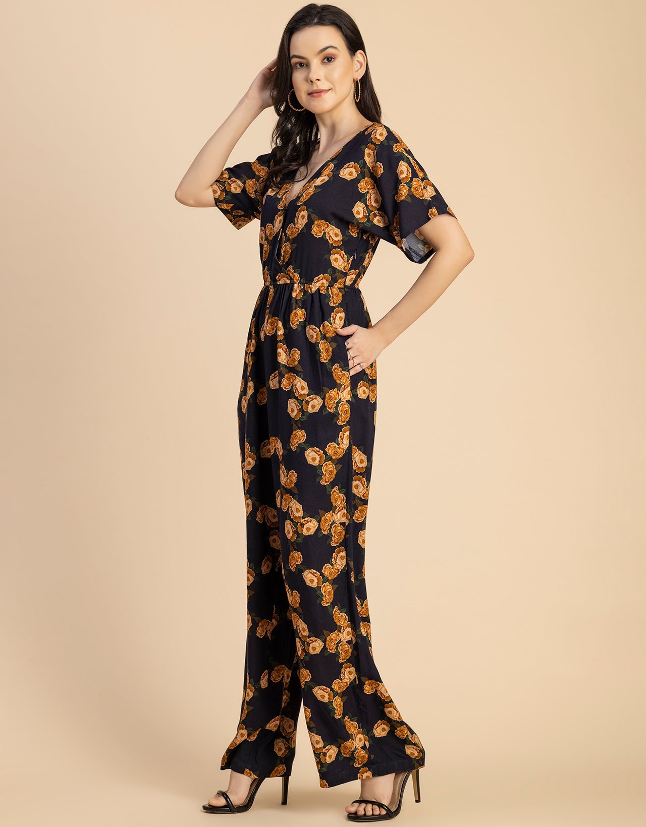 Short Sleeve Full Leg Printed Rayon Jumpsuit