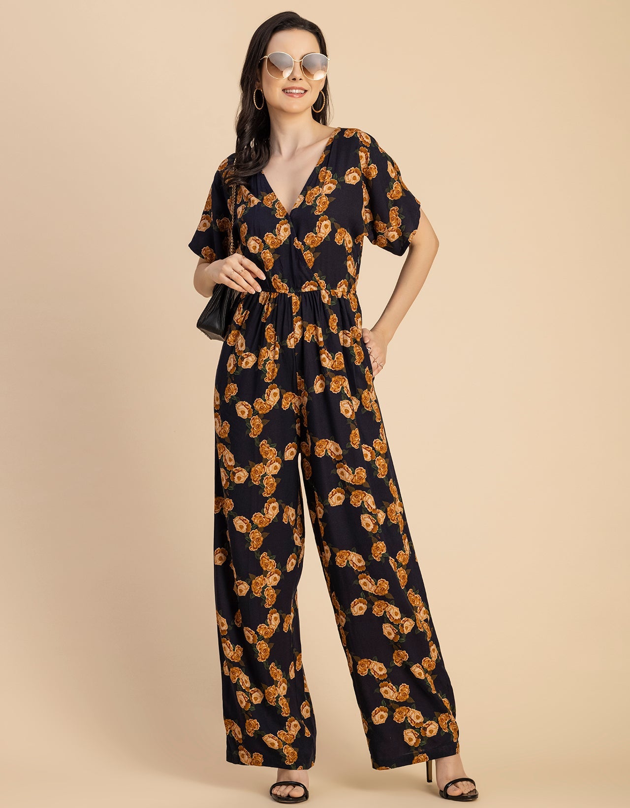 Short Sleeve Full Leg Printed Rayon Jumpsuit