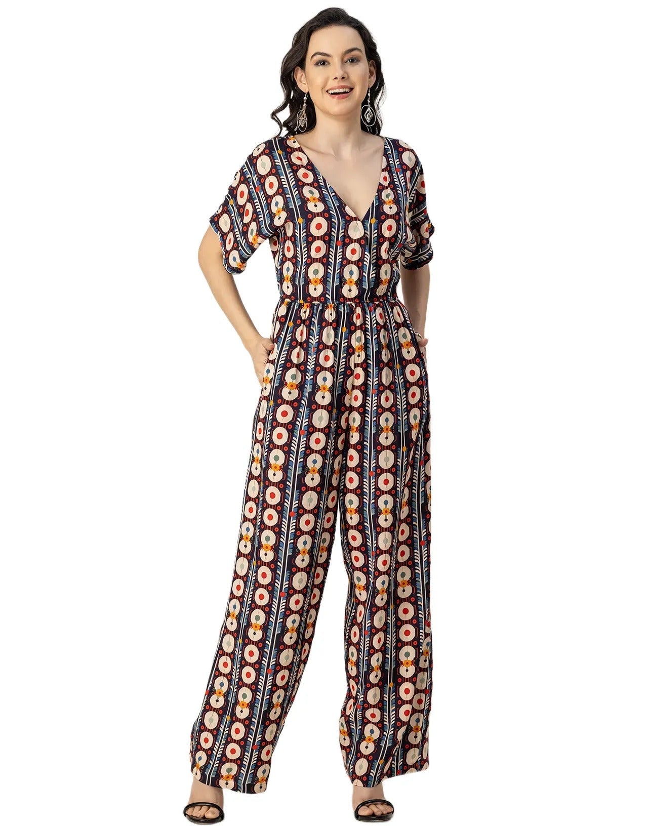 Short Sleeve Full Leg Printed Rayon Jumpsuit