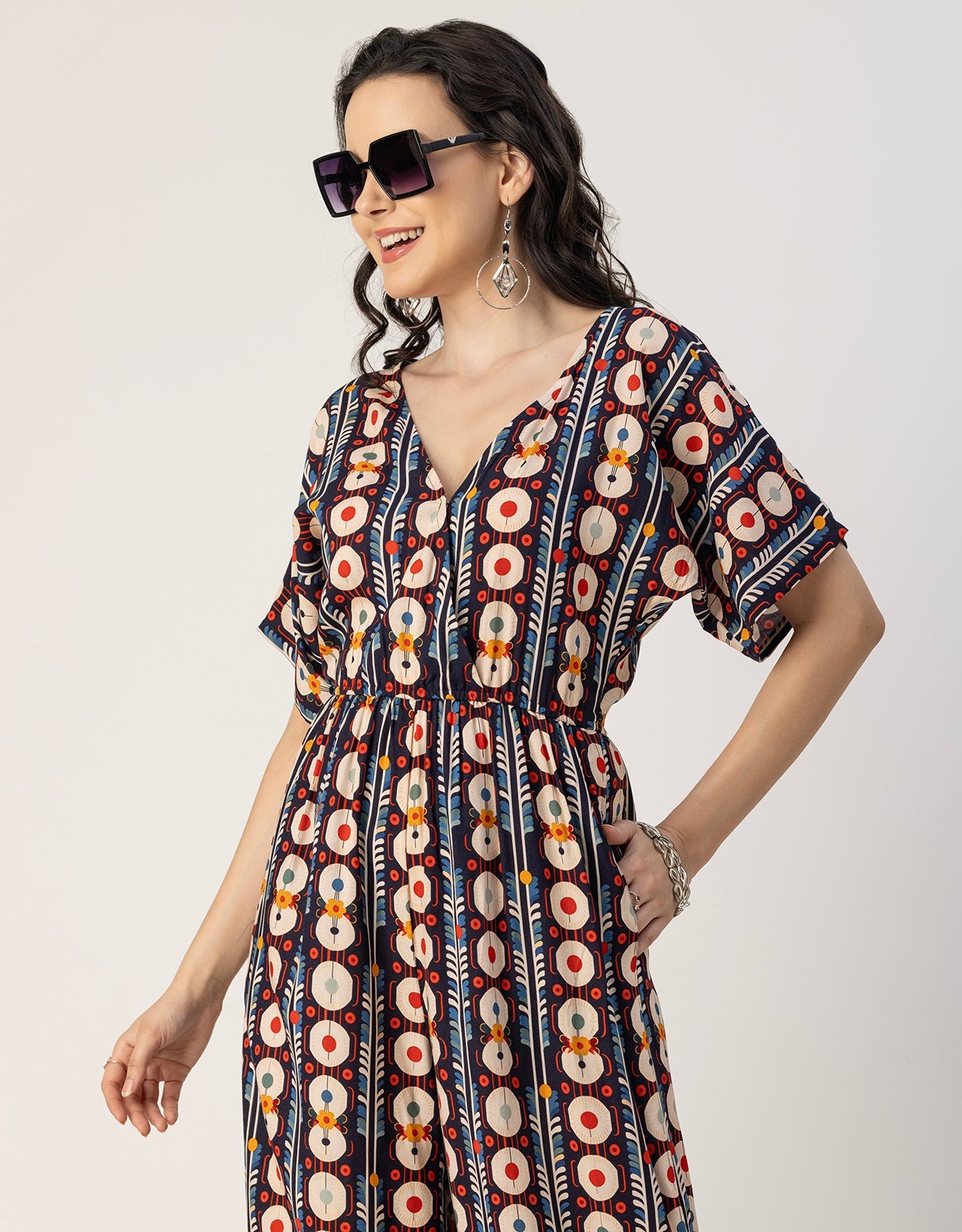 Short Sleeve Full Leg Printed Rayon Jumpsuit