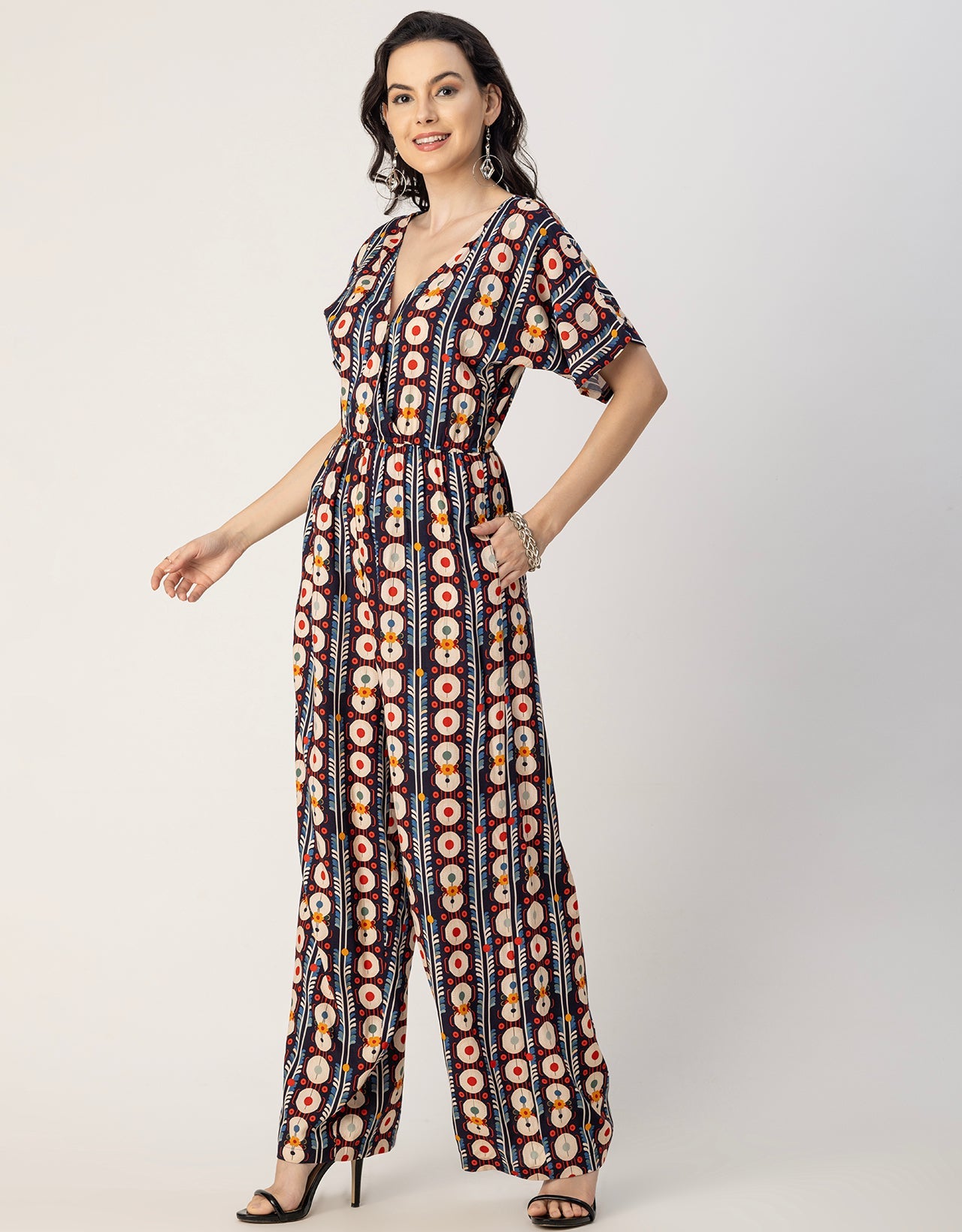Short Sleeve Full Leg Printed Rayon Jumpsuit