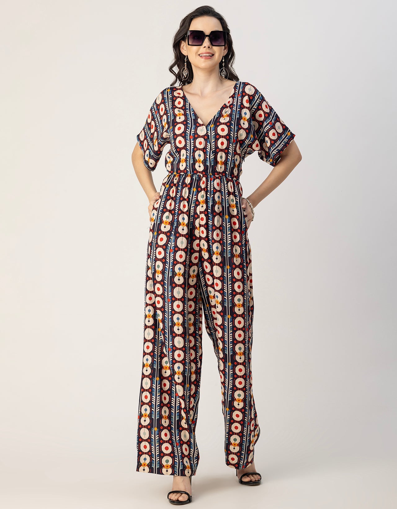 Short Sleeve Full Leg Printed Rayon Jumpsuit