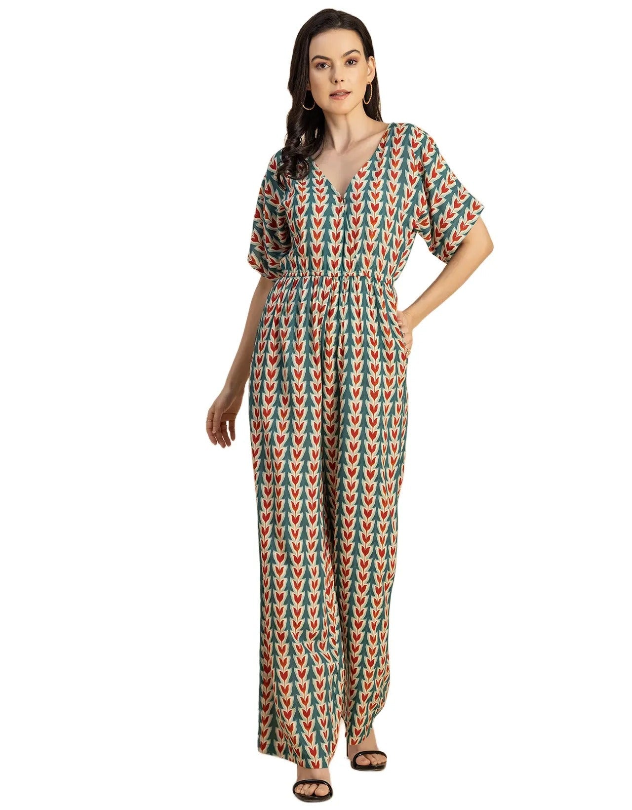 Short Sleeve Full Leg Printed Rayon Jumpsuit