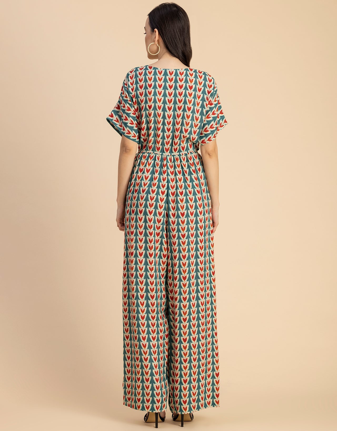 Short Sleeve Full Leg Printed Rayon Jumpsuit