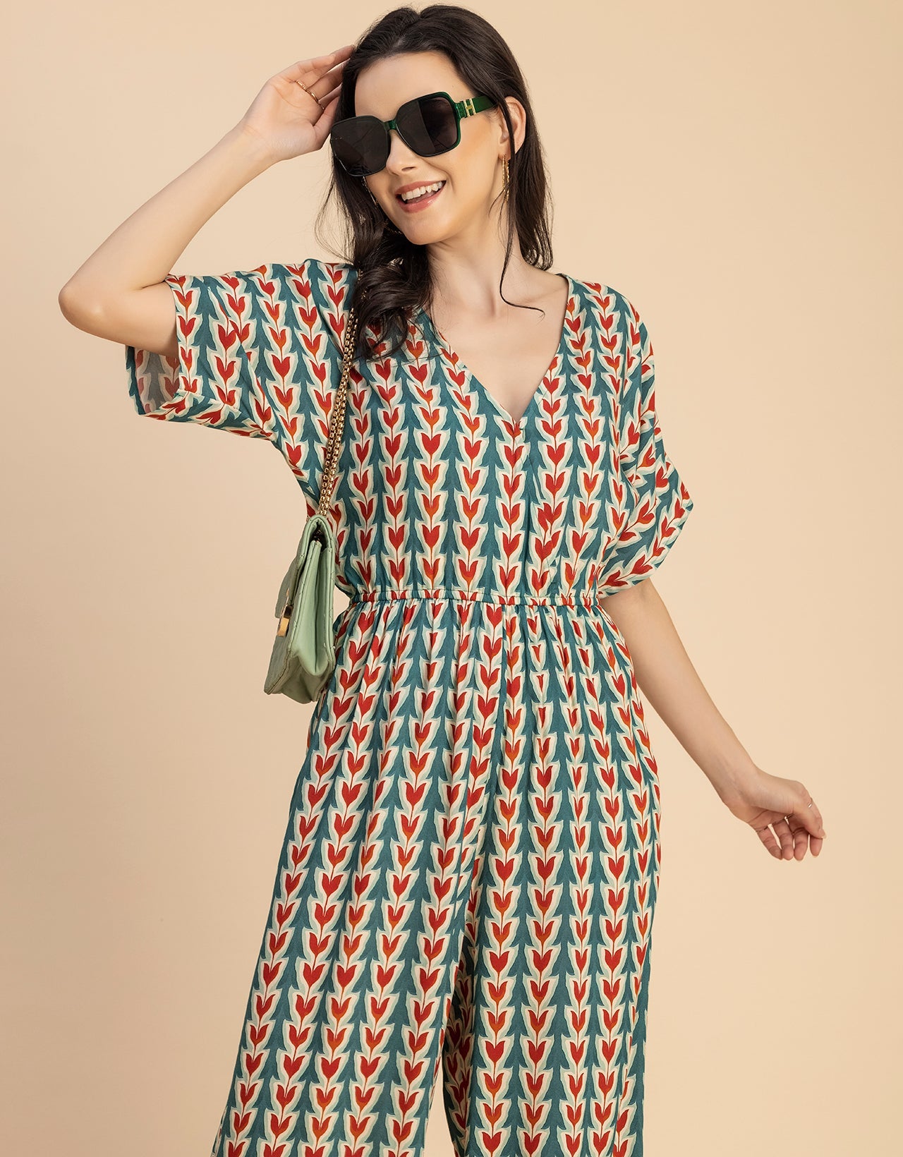 Short Sleeve Full Leg Printed Rayon Jumpsuit