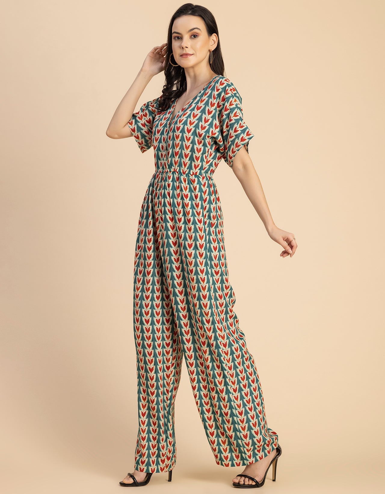 Short Sleeve Full Leg Printed Rayon Jumpsuit