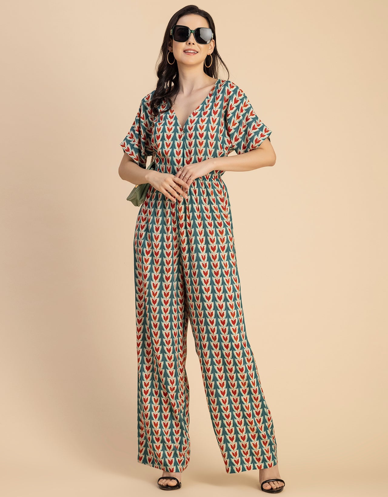 Short Sleeve Full Leg Printed Rayon Jumpsuit