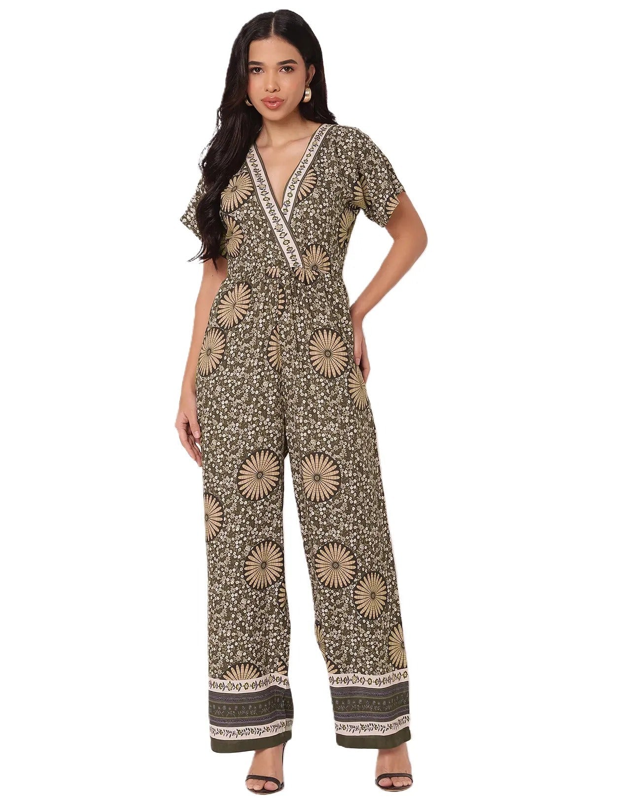Short Sleeve Full Leg Printed Rayon Jumpsuit