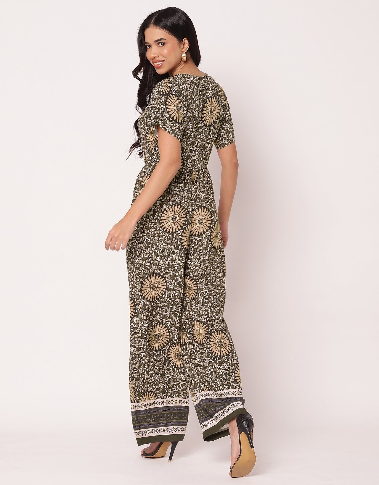 Short Sleeve Full Leg Printed Rayon Jumpsuit