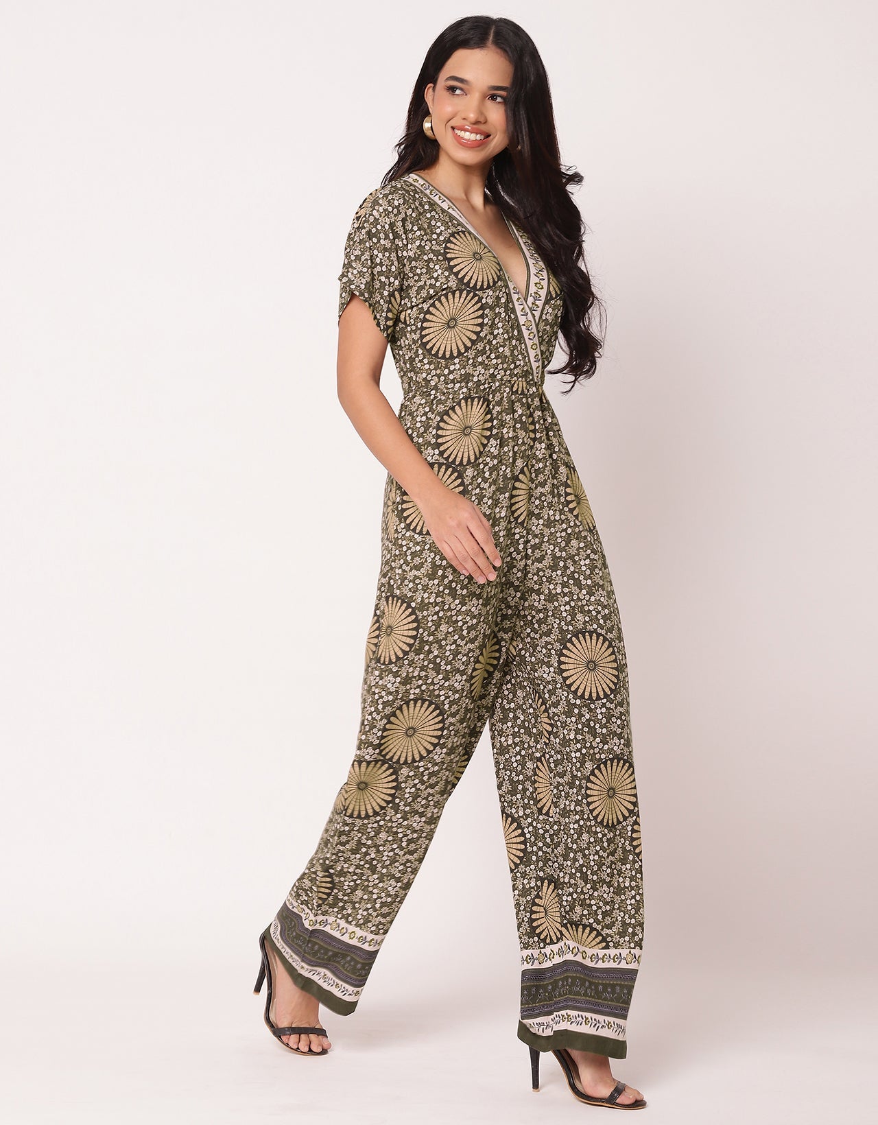 Short Sleeve Full Leg Printed Rayon Jumpsuit