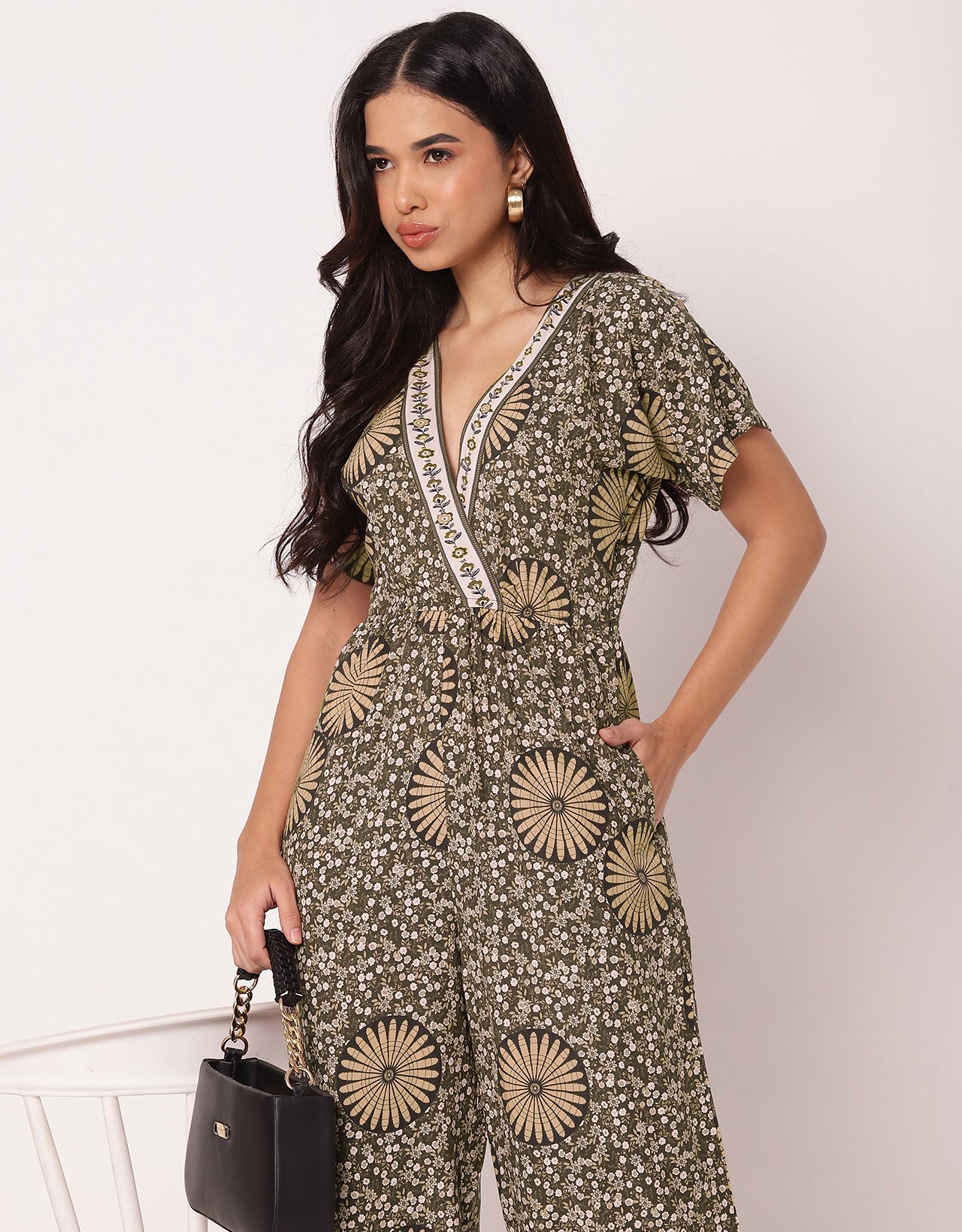 Short Sleeve Full Leg Printed Rayon Jumpsuit
